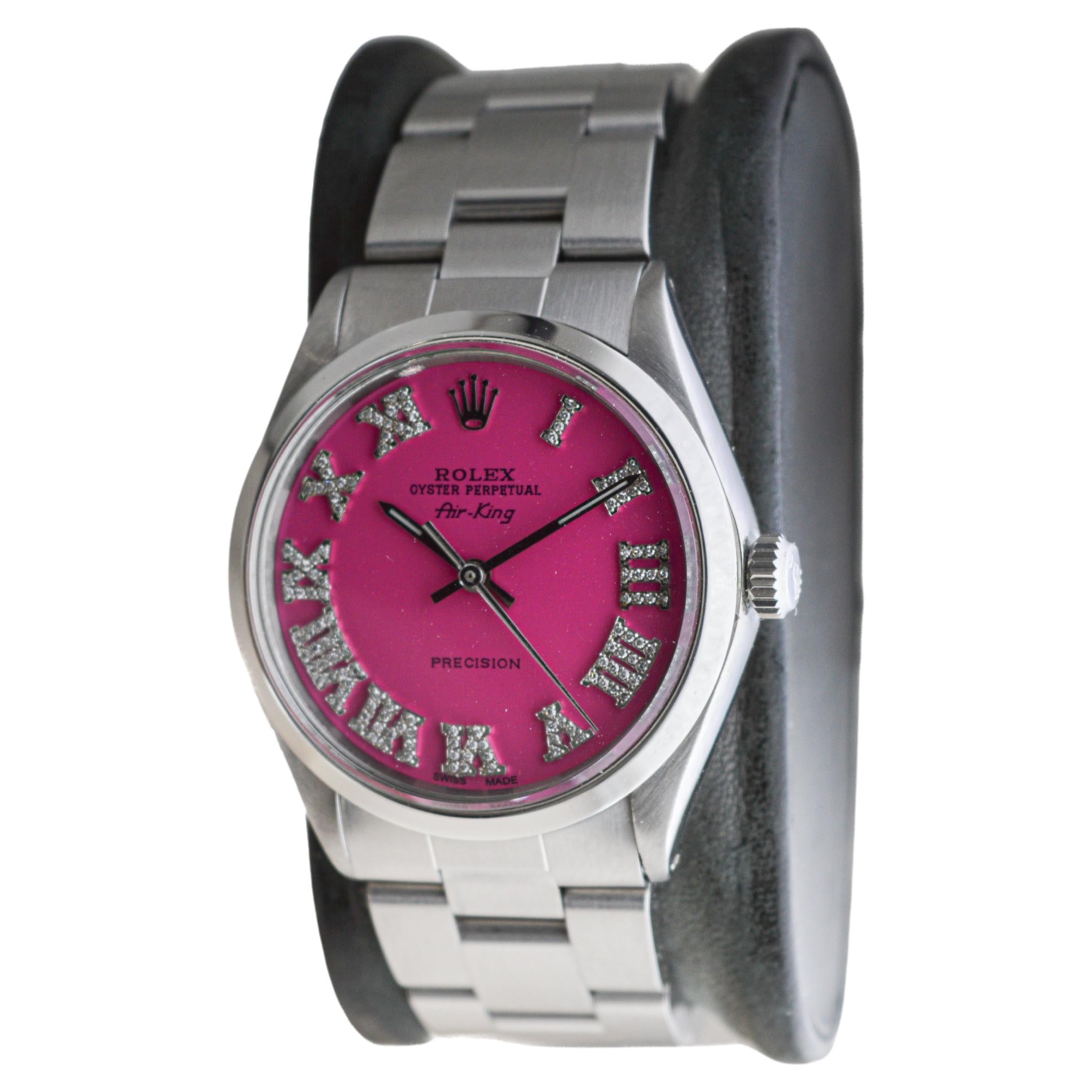 Women's or Men's Rolex Steel Air King with Custom Made Pink Dial and Diamond Markers circa 1970's For Sale