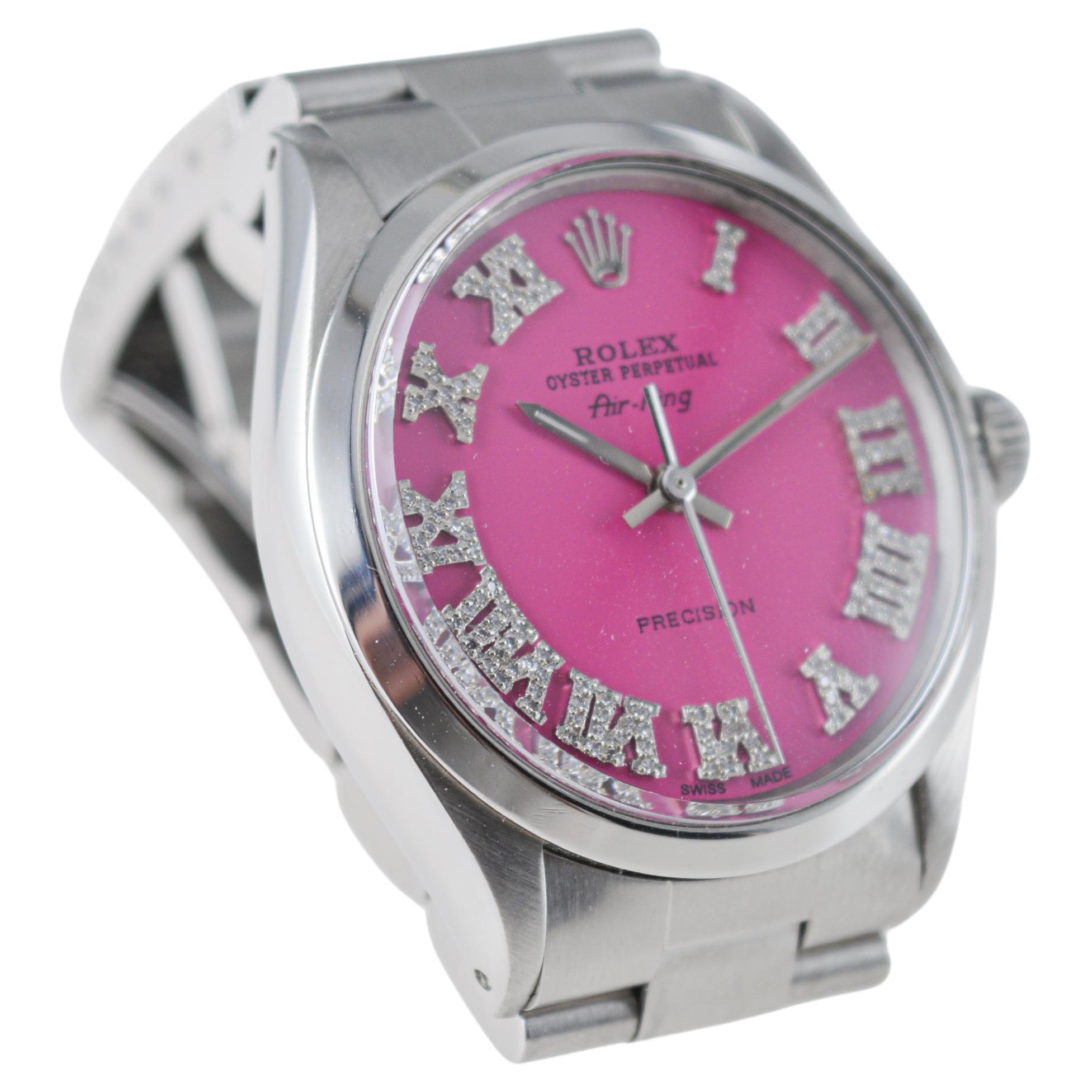 Rolex Steel Air King with Custom Made Pink Dial and Diamond Markers circa 1970's For Sale 1