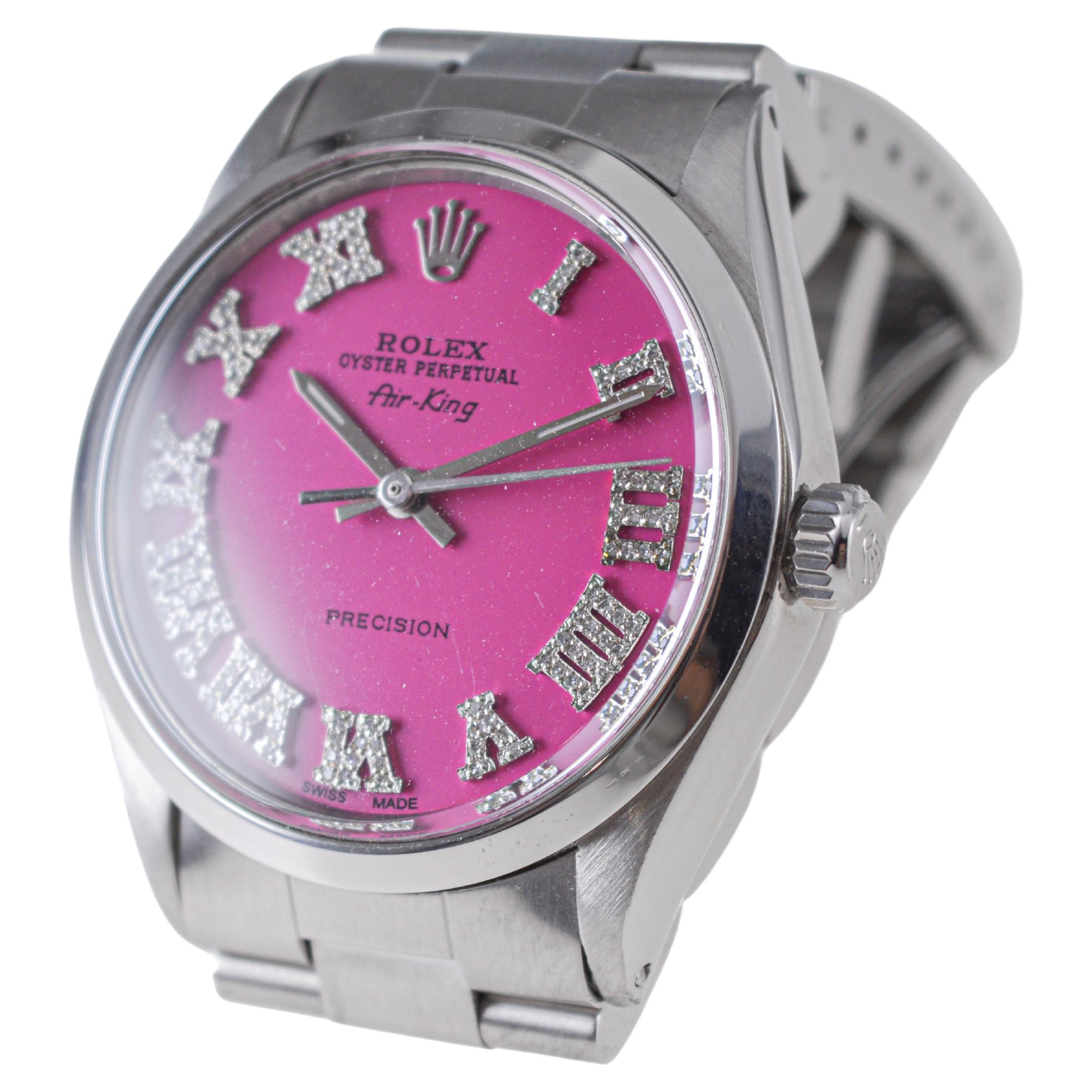 Rolex Steel Air King avec cadran rose sur mesure et index en diamant circa 1970's en vente 2