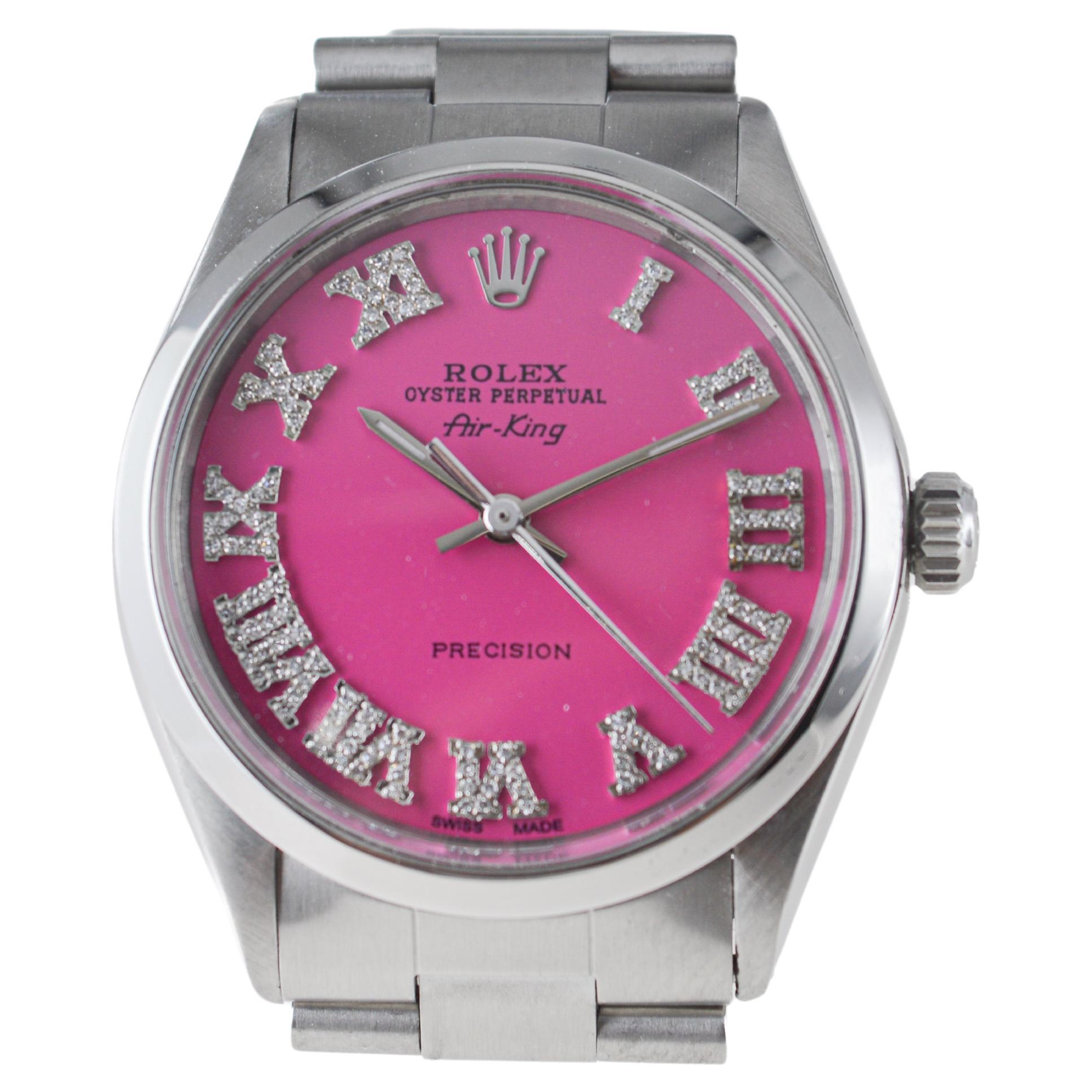 Rolex Steel Air King with Custom Made Pink Dial and Diamond Markers circa 1970's For Sale 3
