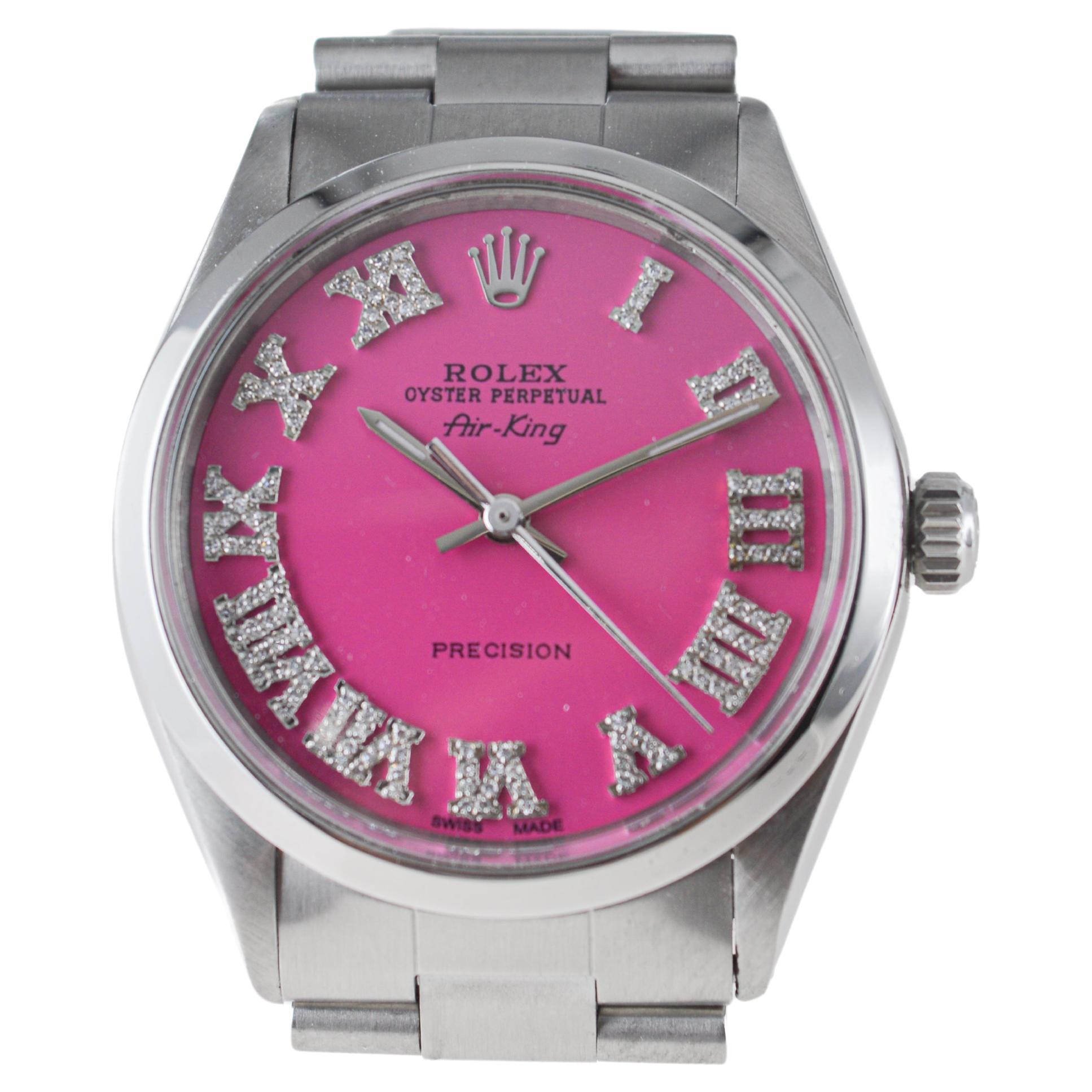 Rolex Steel Air King avec cadran rose sur mesure et index en diamant circa 1970's en vente 3