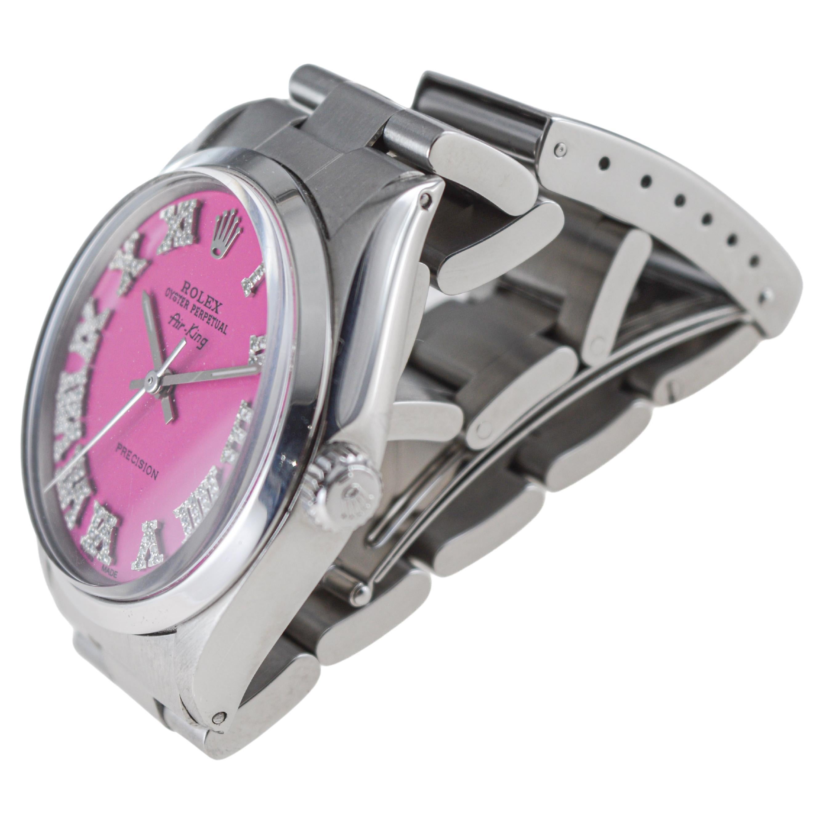 Rolex Steel Air King avec cadran rose sur mesure et index en diamant circa 1970's en vente 4