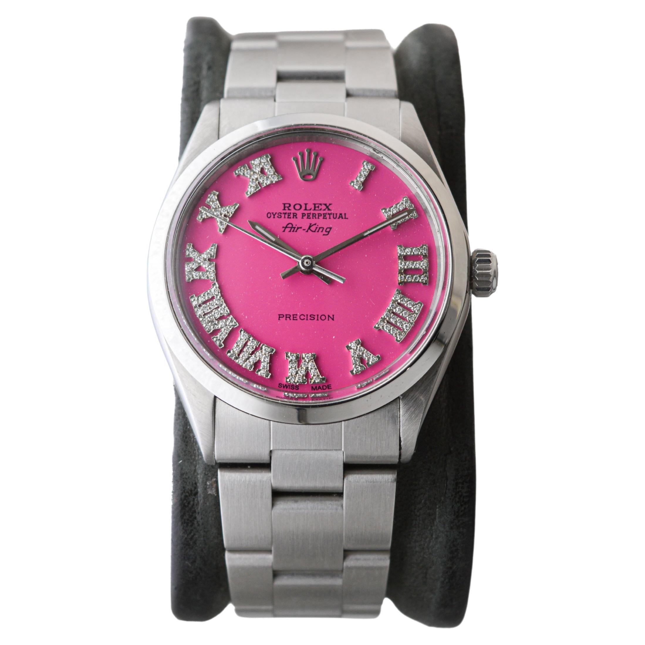 Rolex Steel Air King with Custom Made Pink Dial and Diamond Markers circa 1970's For Sale