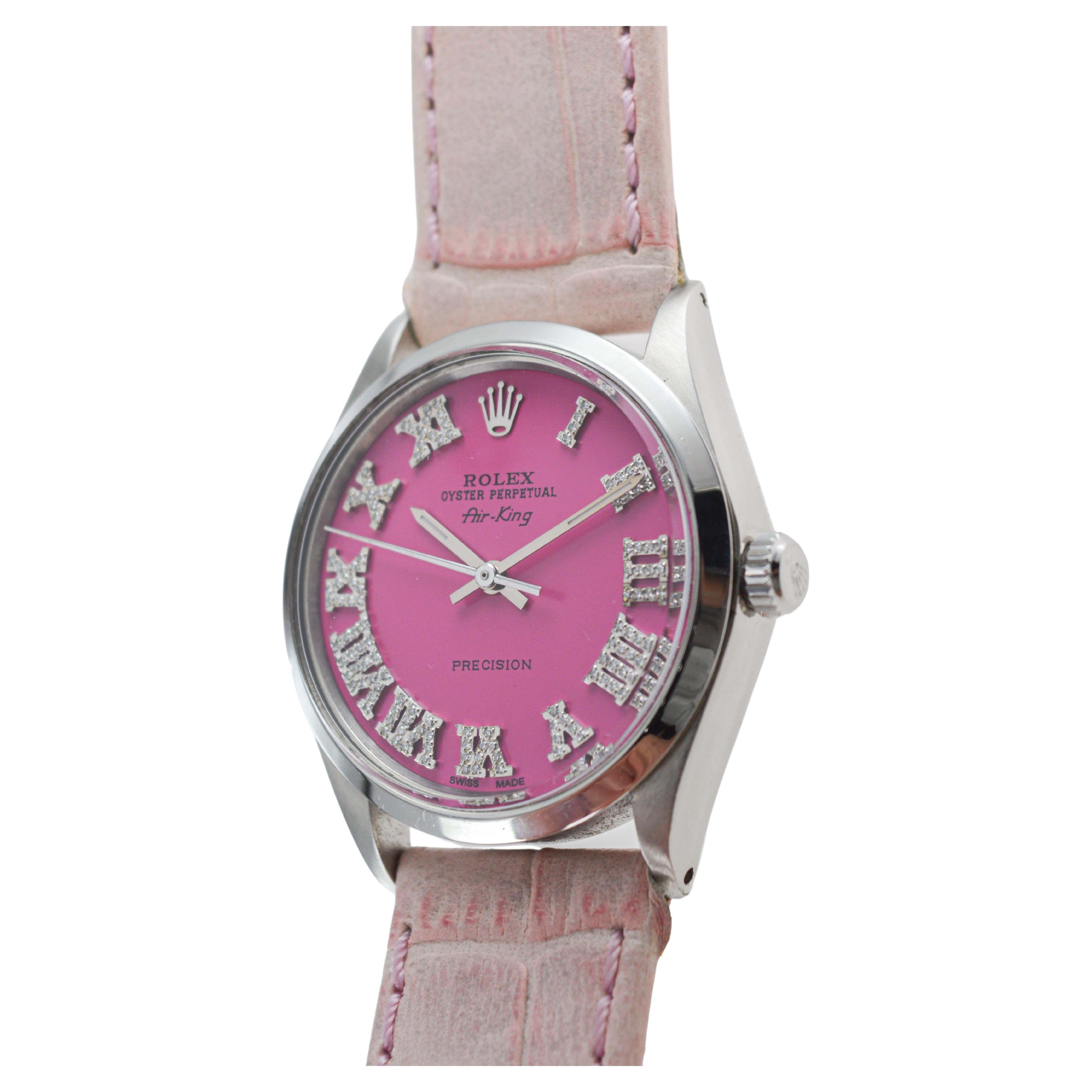 Rolex Steel Air King with Custom Made Pink Diamond Dial circa 1970's For Sale 5