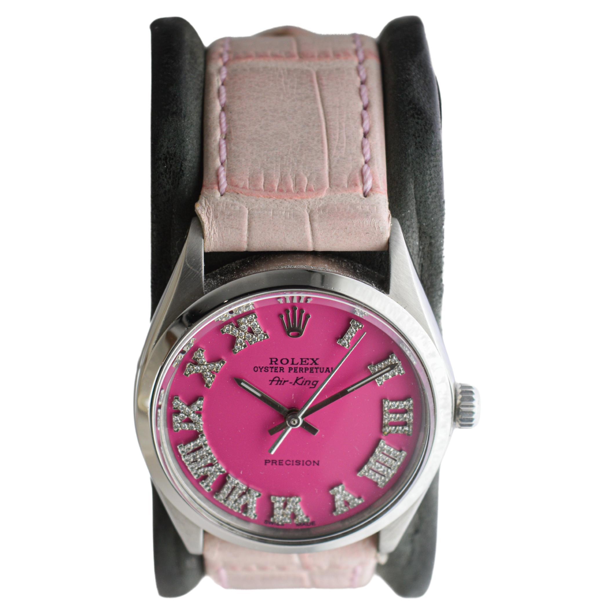 Rolex Steel Air King with Custom Made Pink Diamond Dial circa 1970's In Excellent Condition For Sale In Long Beach, CA