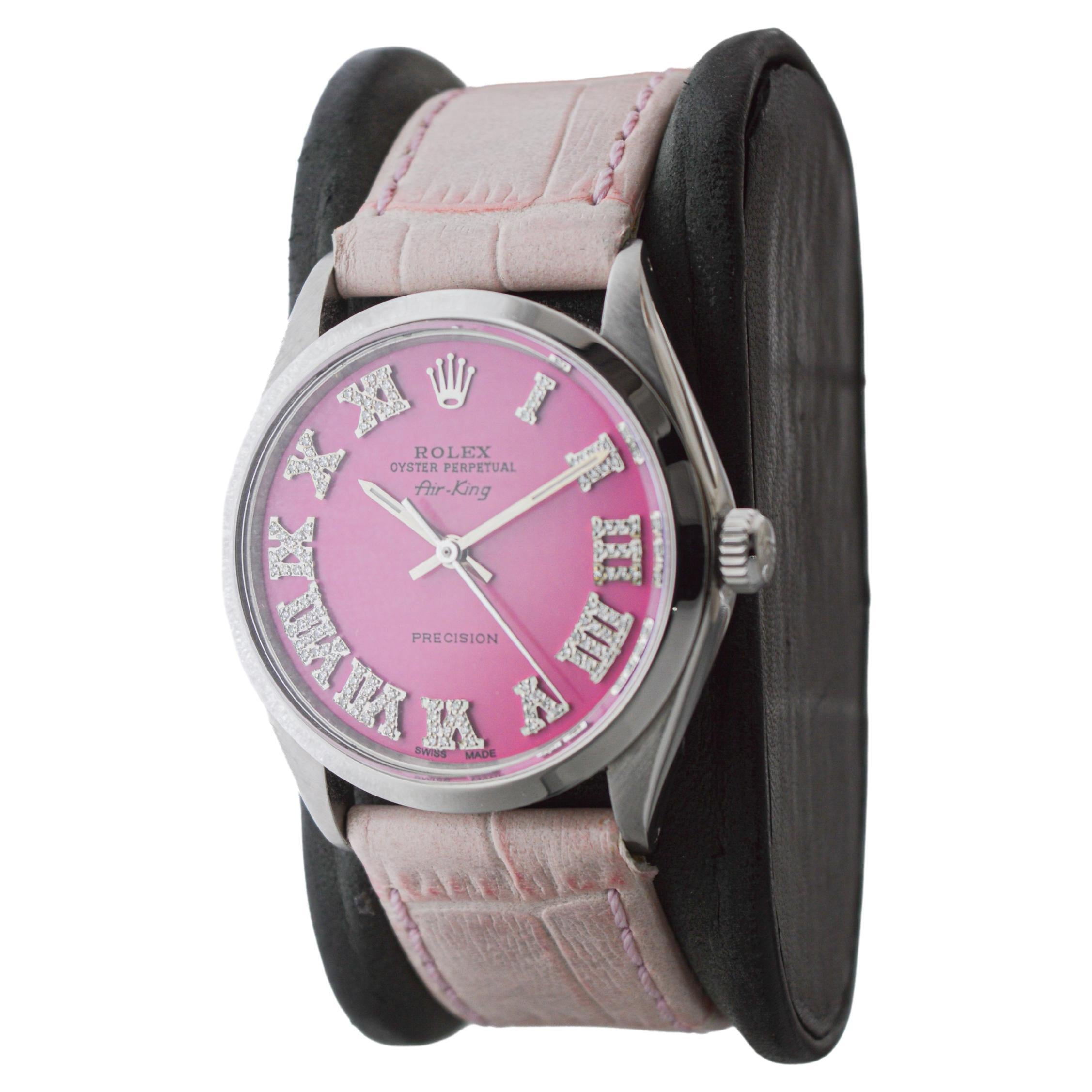 Women's or Men's Rolex Steel Air King with Custom Made Pink Diamond Dial circa 1970's For Sale