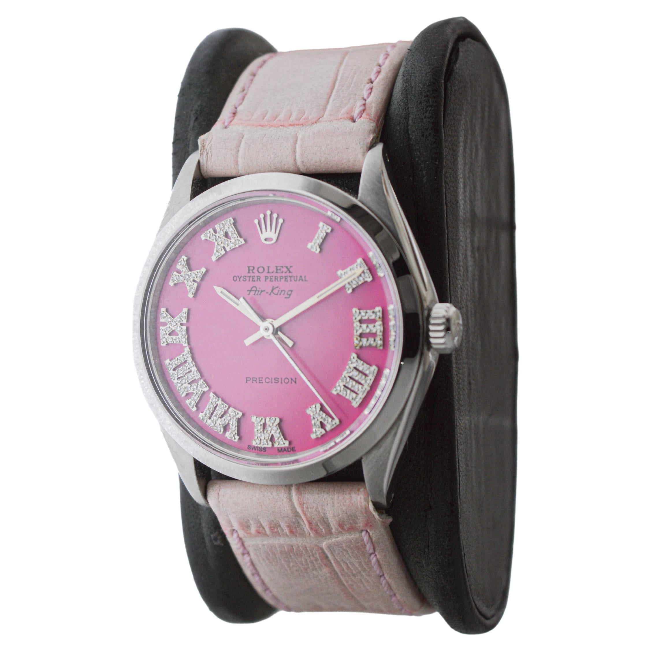Femenino o masculino Rolex Steel Air King con esfera Custom Made Pink Diamond circa años 70 en venta