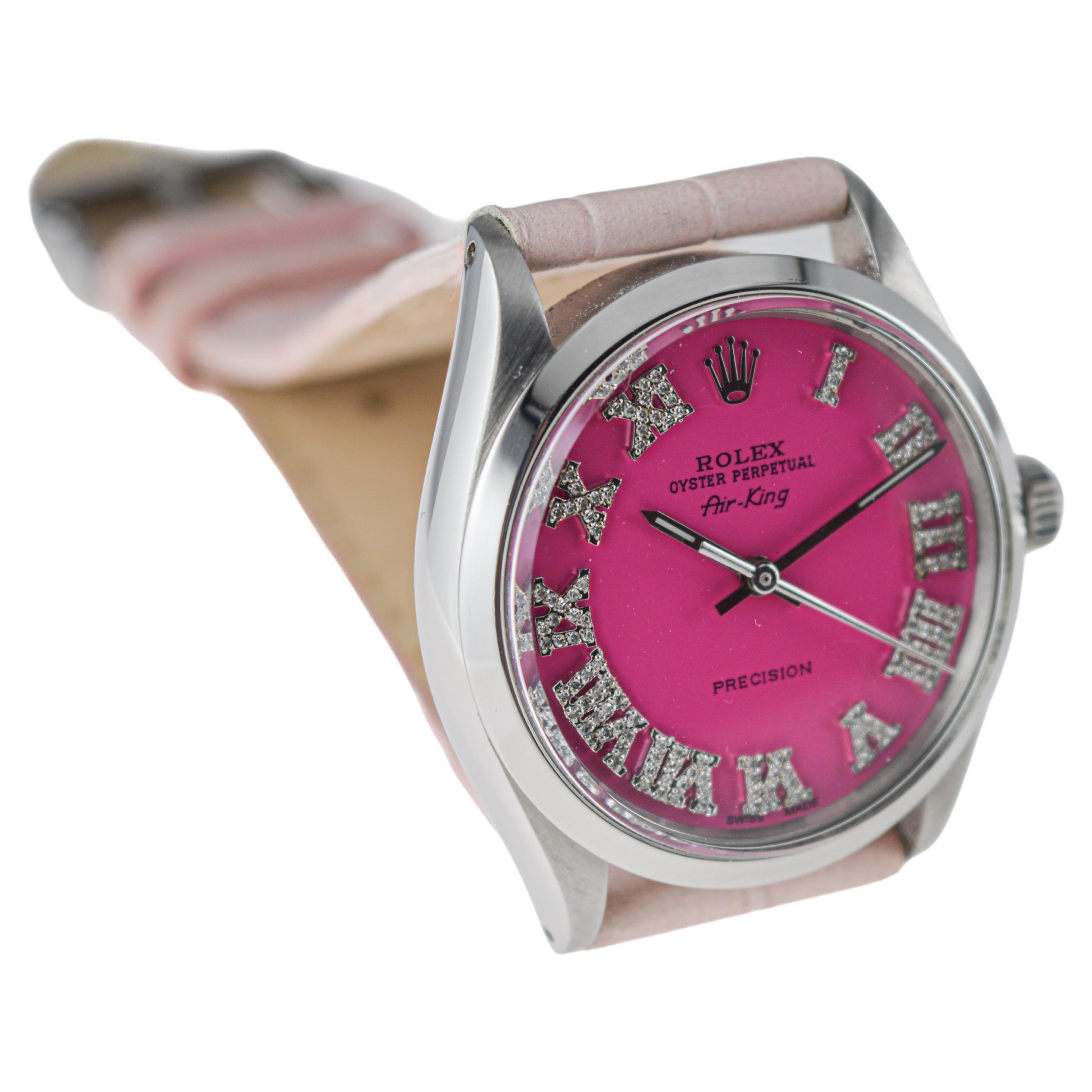 Rolex Steel Air King with Custom Made Pink Diamond Dial circa 1970's For Sale 1