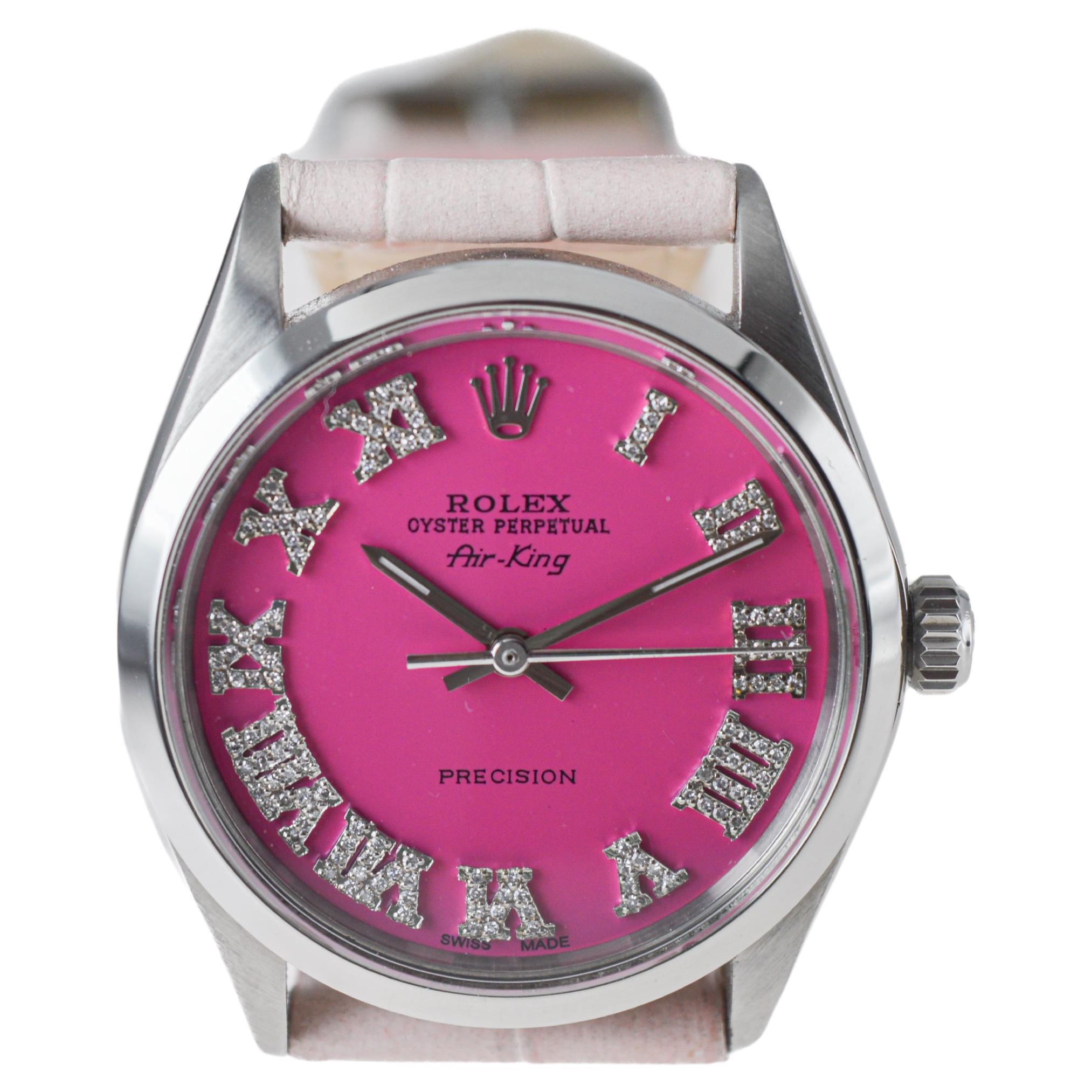 Rolex Steel Air King with Custom Made Pink Diamond Dial circa 1970's For Sale 2