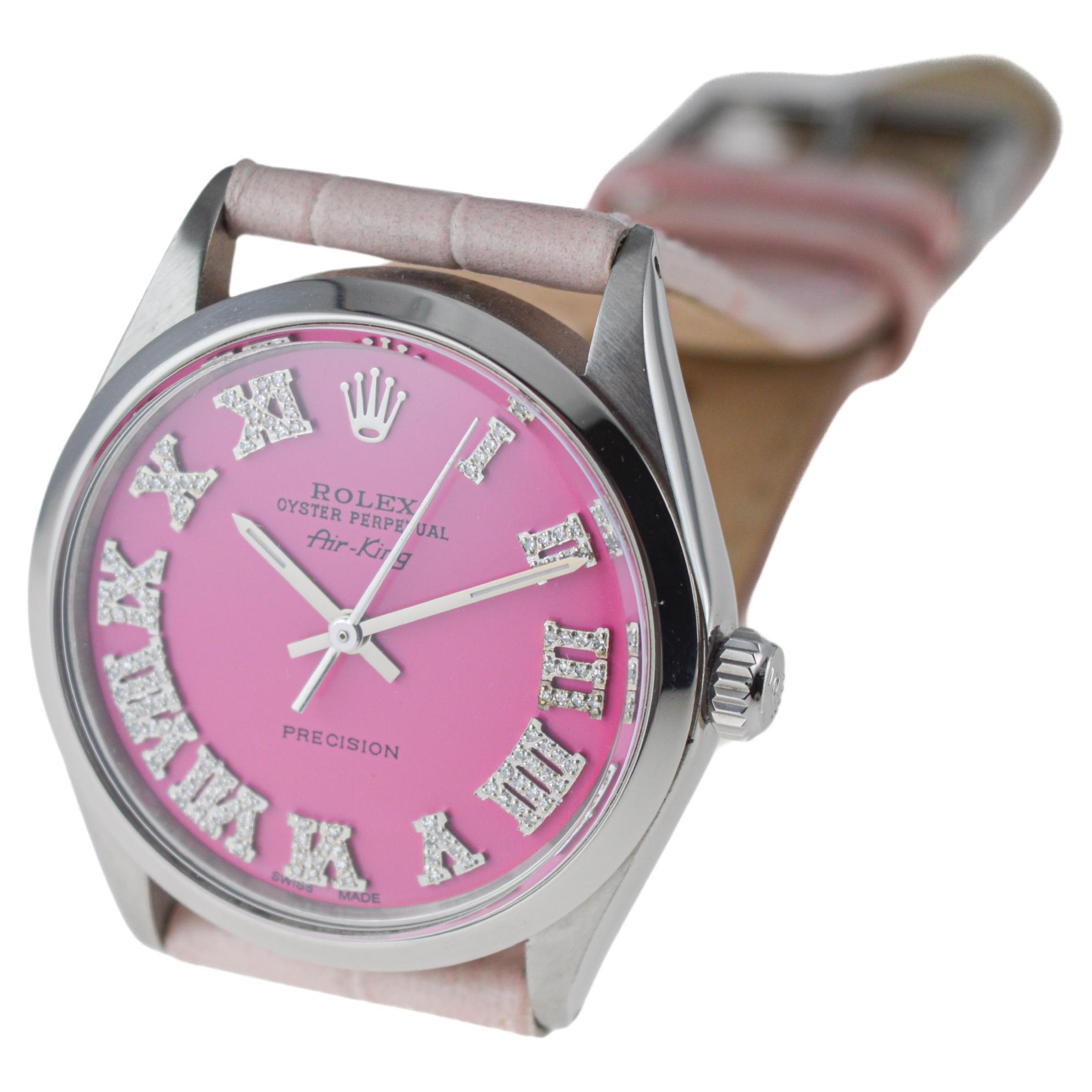 Rolex Steel Air King with Custom Made Pink Diamond Dial circa 1970's For Sale 3