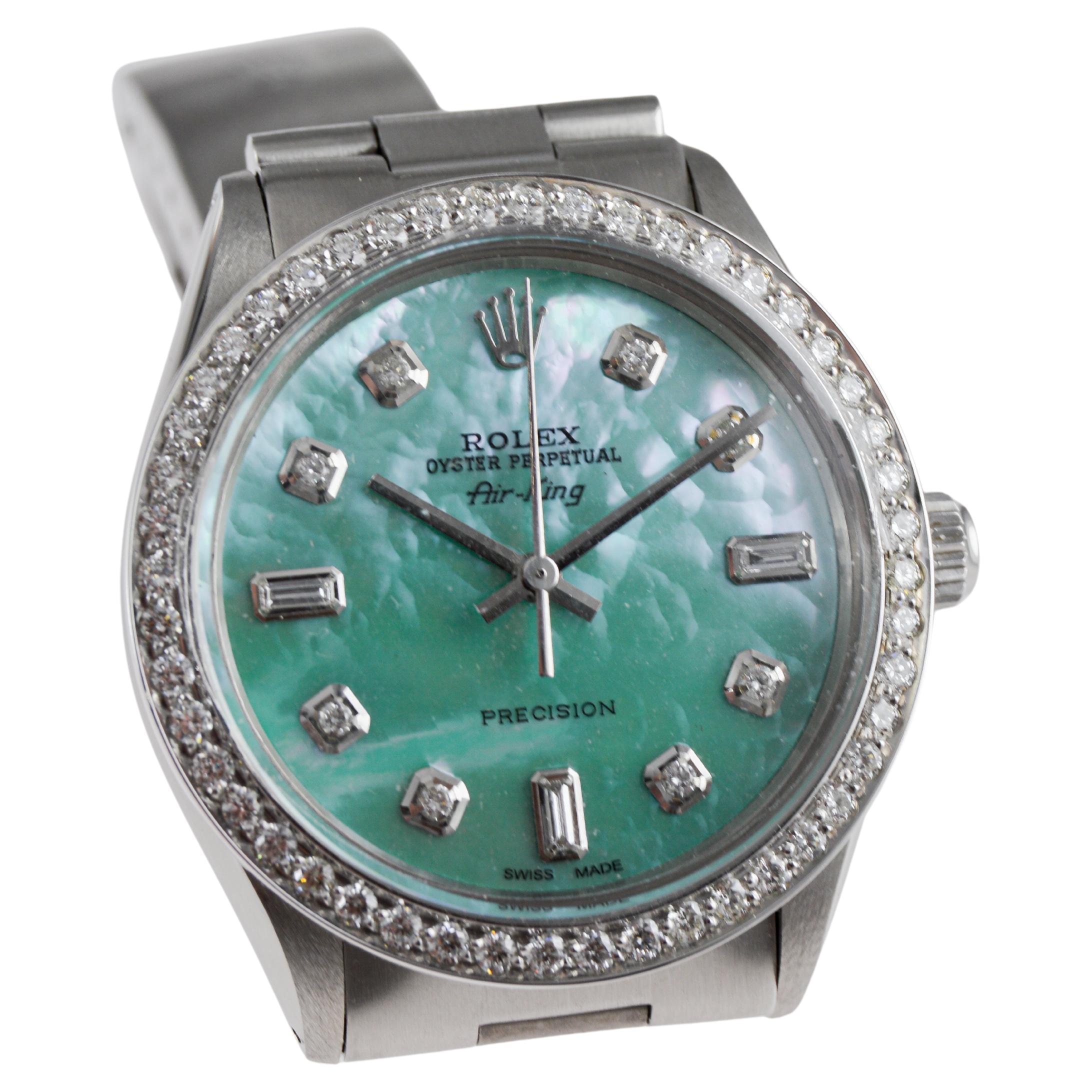 Rolex Steel Air King mit Custom M.O.P. Blue Diamond Zifferblatt und Custom Lünette 1970er Jahre im Angebot 5