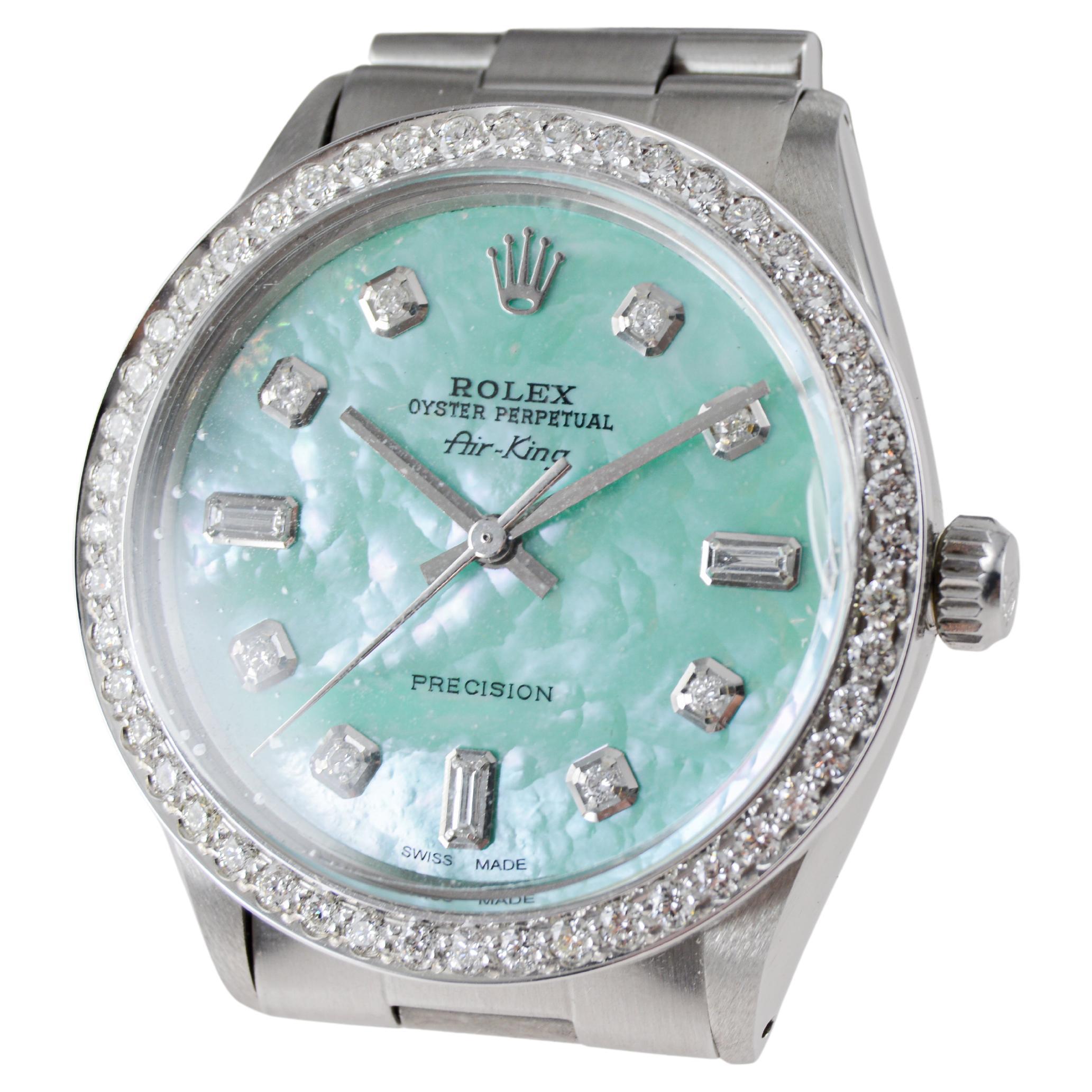 Rolex Steel Air King mit Custom M.O.P. Blue Diamond Zifferblatt und Custom Lünette 1970er Jahre im Angebot 7