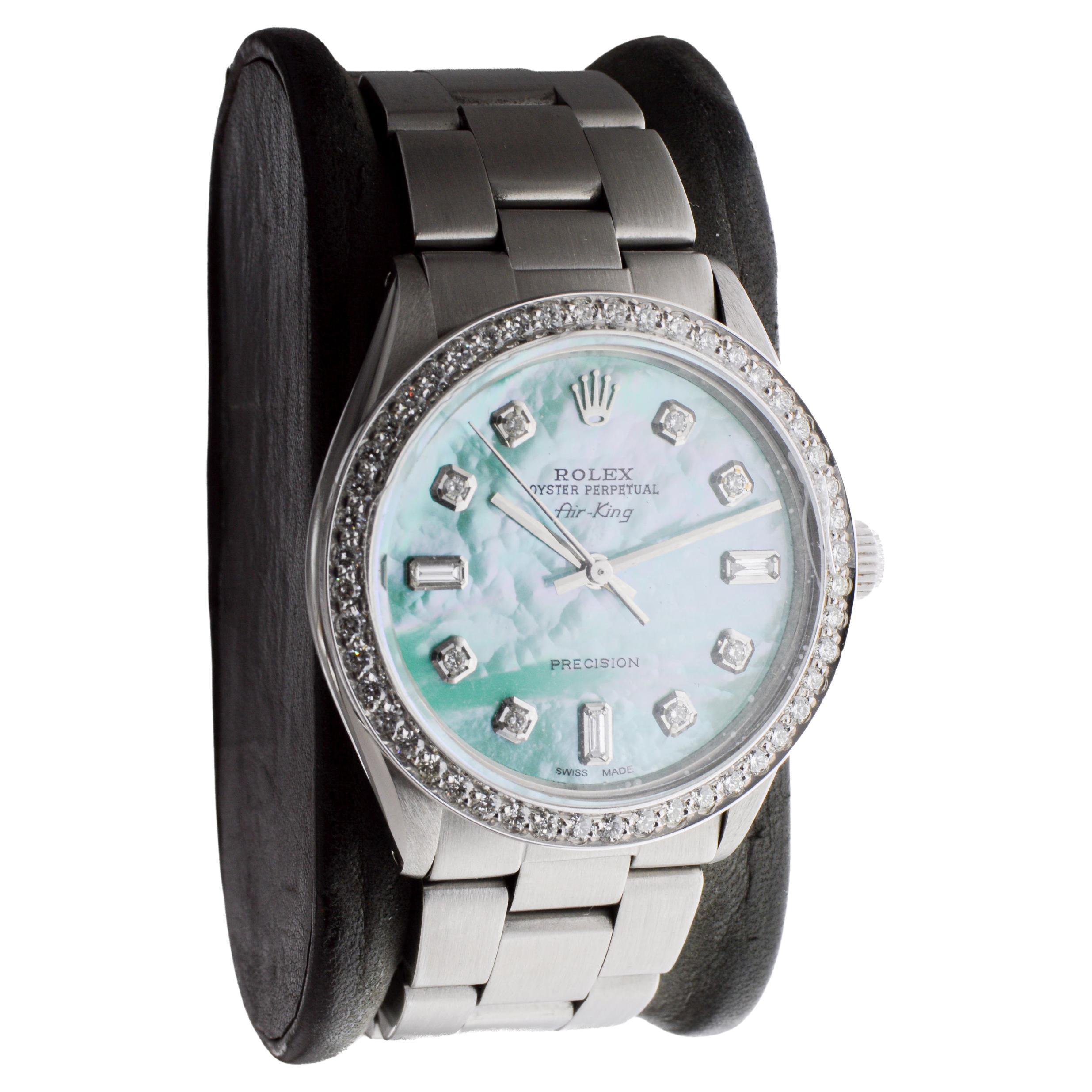 Rolex Steel Air King mit Custom M.O.P. Blue Diamond Zifferblatt und Custom Lünette 1970er Jahre (Moderne) im Angebot