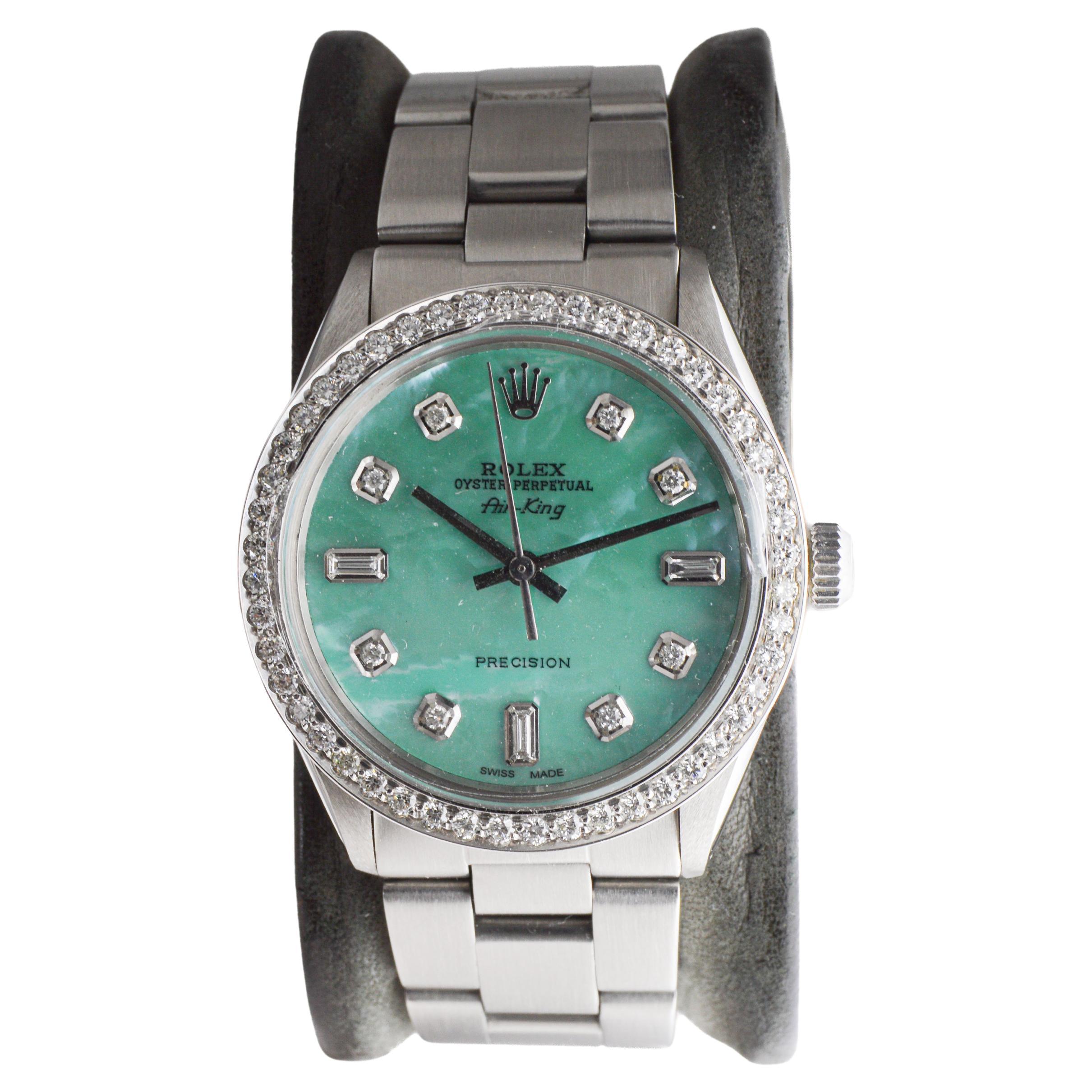 Rolex Steel Air King mit Custom M.O.P. Blue Diamond Zifferblatt und Custom Lünette 1970er Jahre im Angebot 1