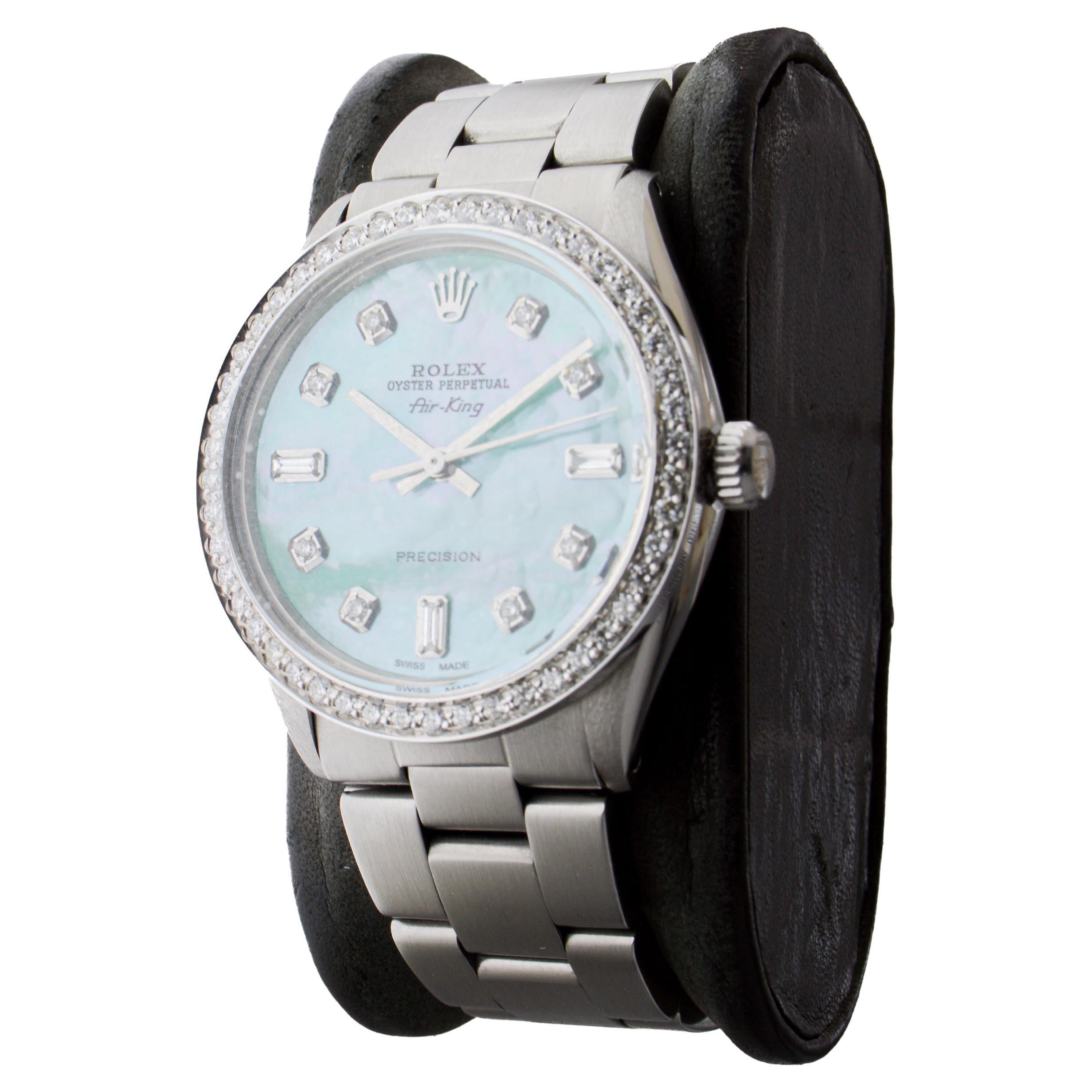 Rolex Steel Air King mit Custom M.O.P. Blue Diamond Zifferblatt und Custom Lünette 1970er Jahre im Angebot 3