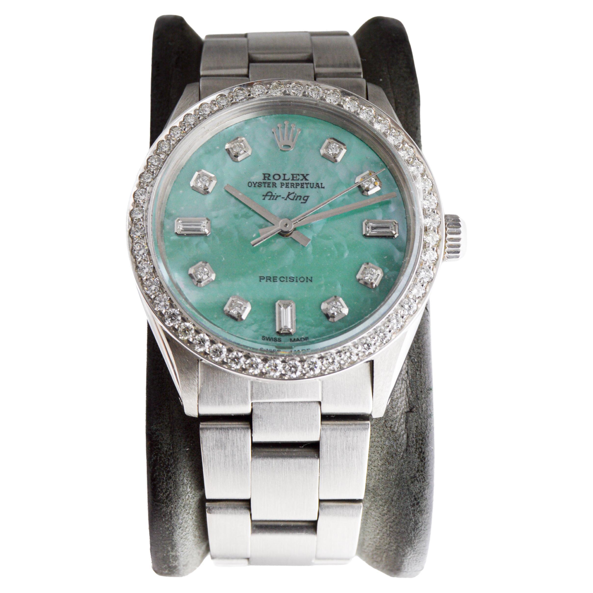 Rolex Steel Air King mit Custom M.O.P. Blue Diamond Zifferblatt und Custom Lünette 1970er Jahre