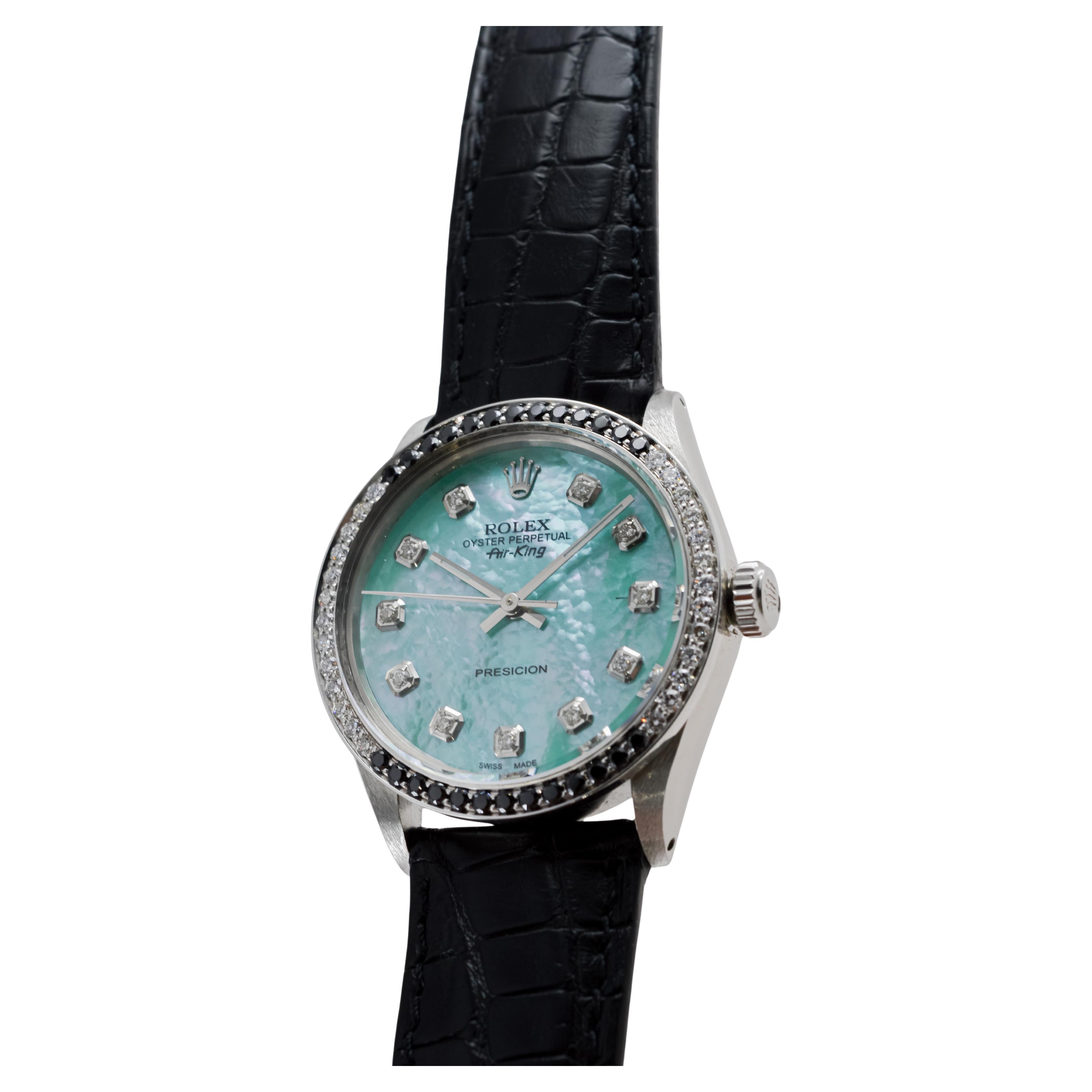Rolex Steel Air King avec cadran MOP personnalisé et lunette à diamants circa 1980's en vente 5