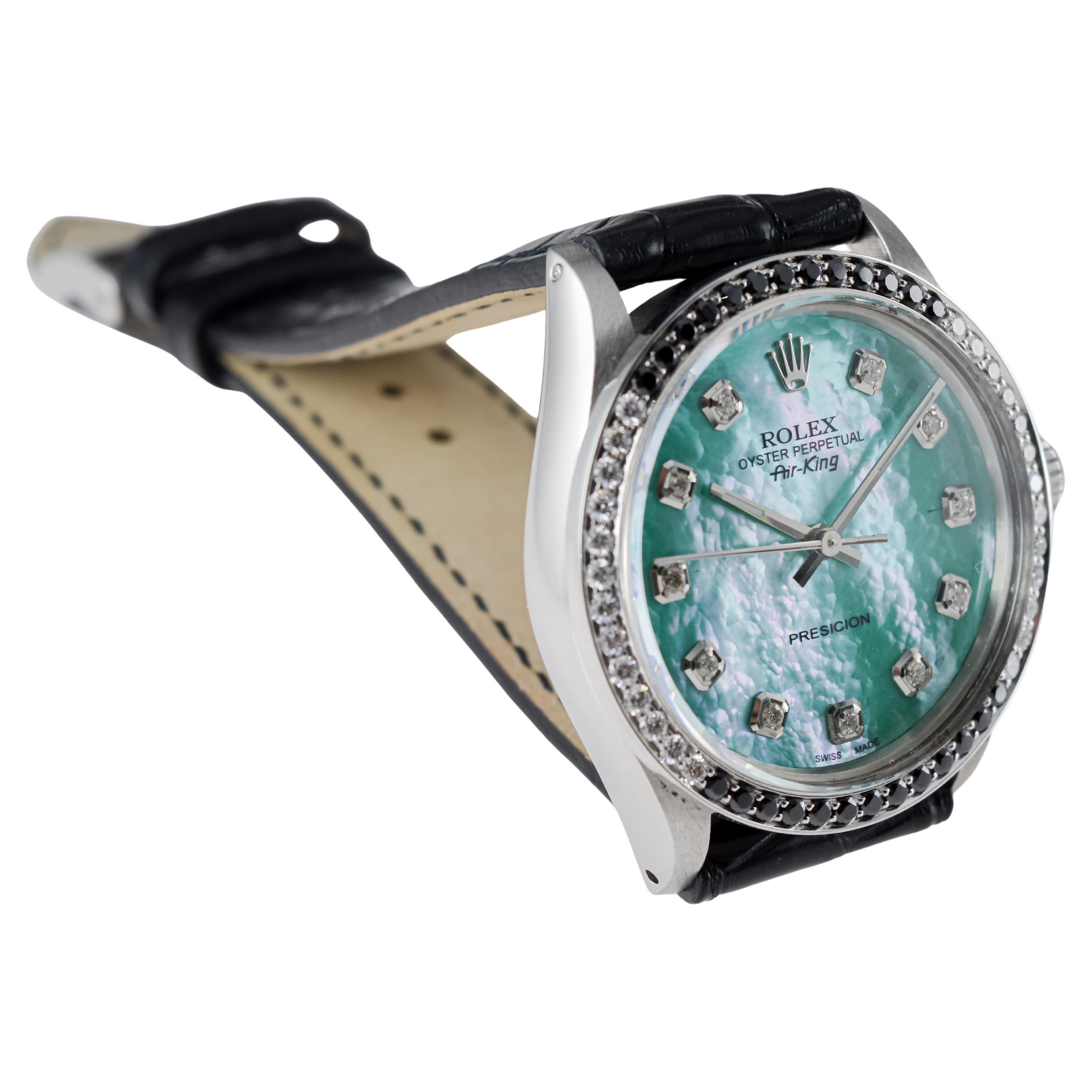 Rolex Steel Air King avec cadran MOP personnalisé et lunette à diamants circa 1980's en vente 6