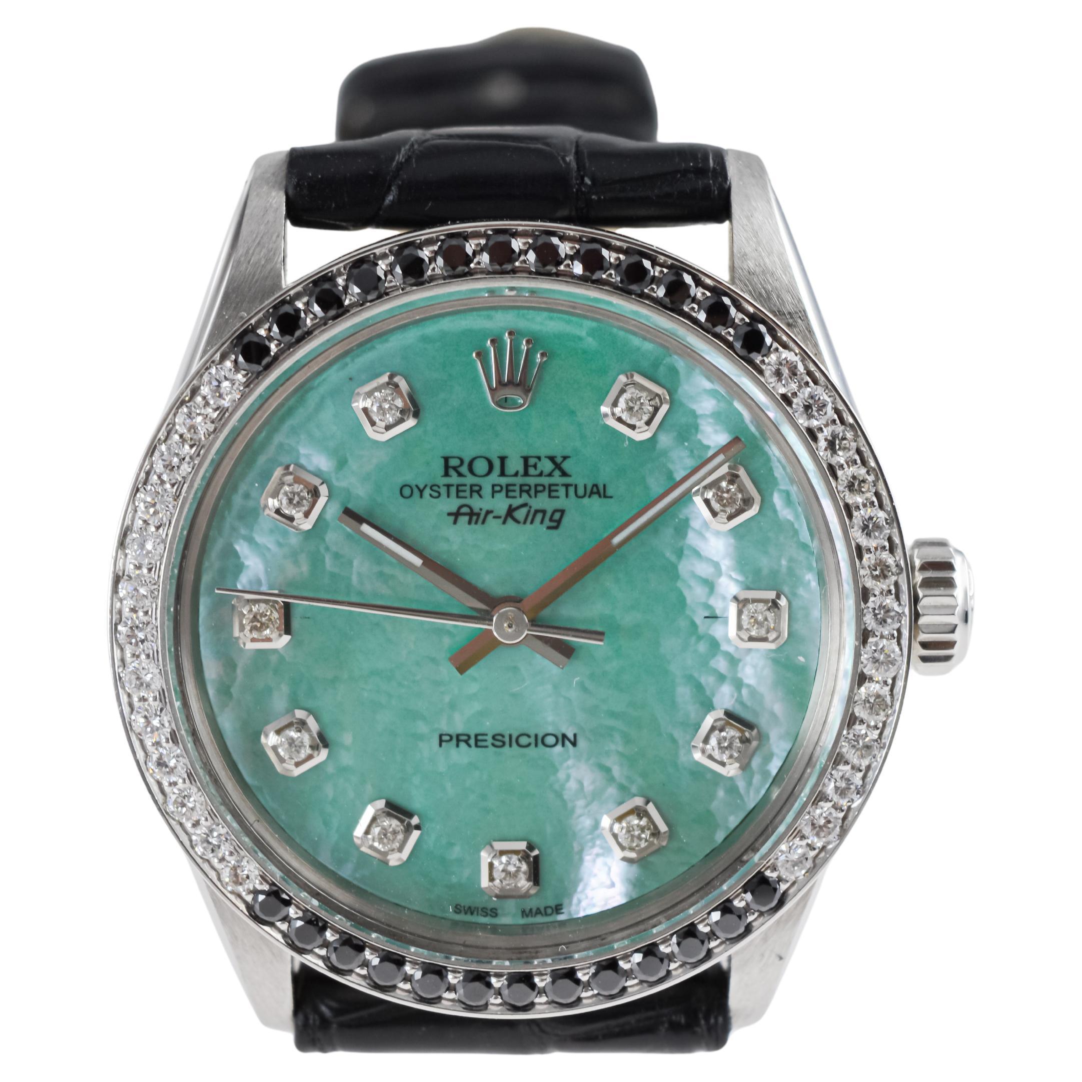 Rolex Steel Air King avec cadran MOP personnalisé et lunette à diamants circa 1980's en vente 8