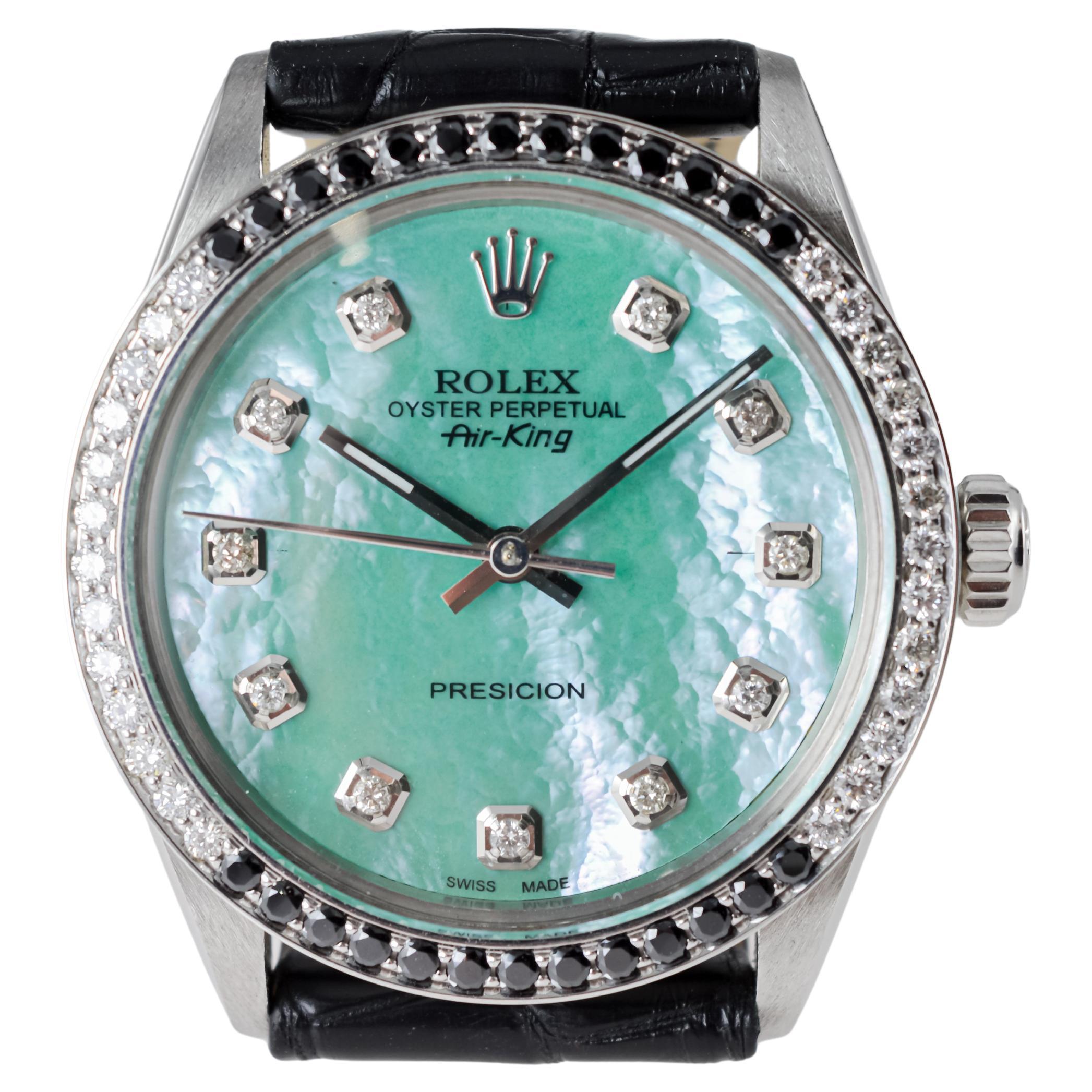 Rolex Steel Air King avec cadran MOP personnalisé et lunette à diamants circa 1980's en vente 9