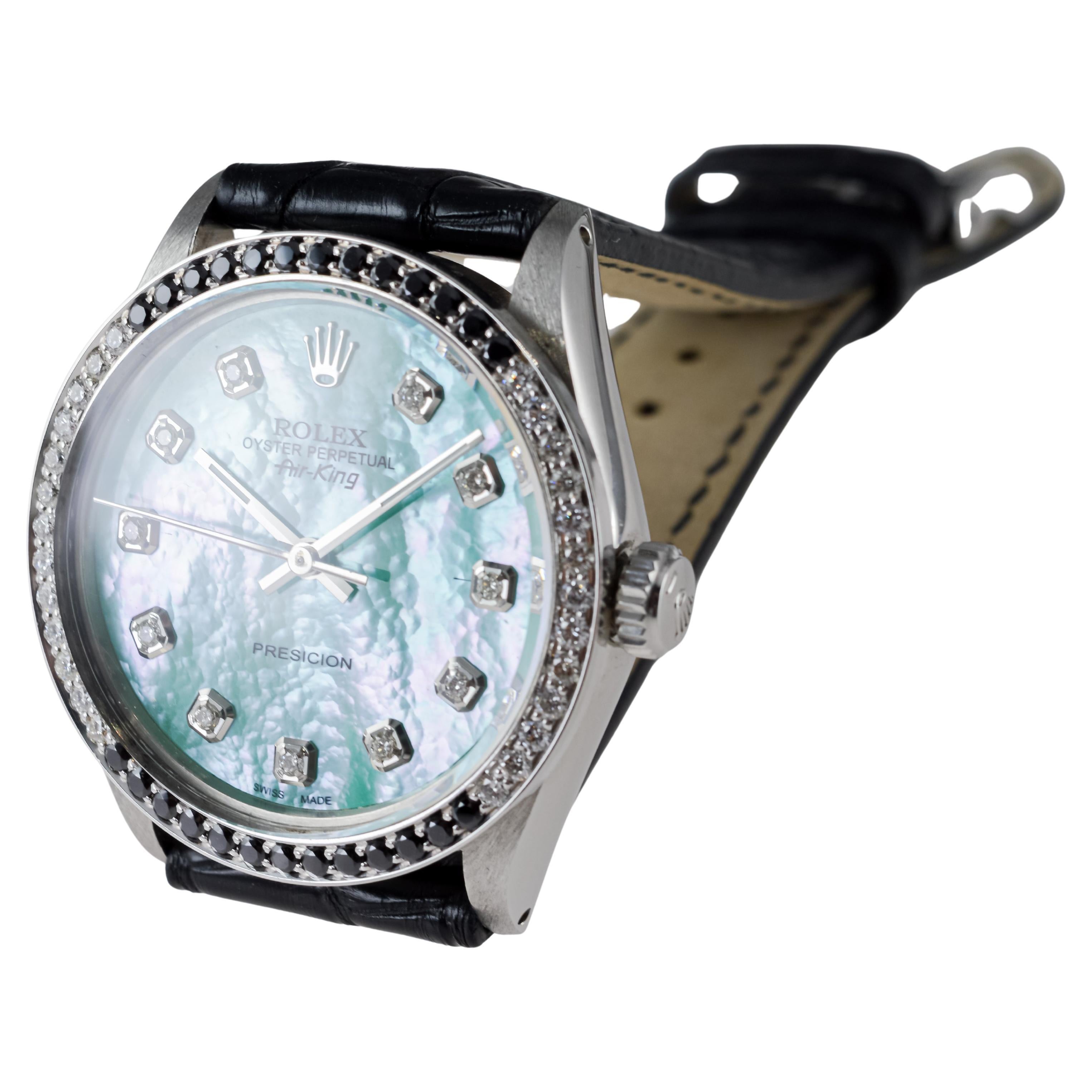 Rolex Steel Air King avec cadran MOP personnalisé et lunette à diamants circa 1980's en vente 10