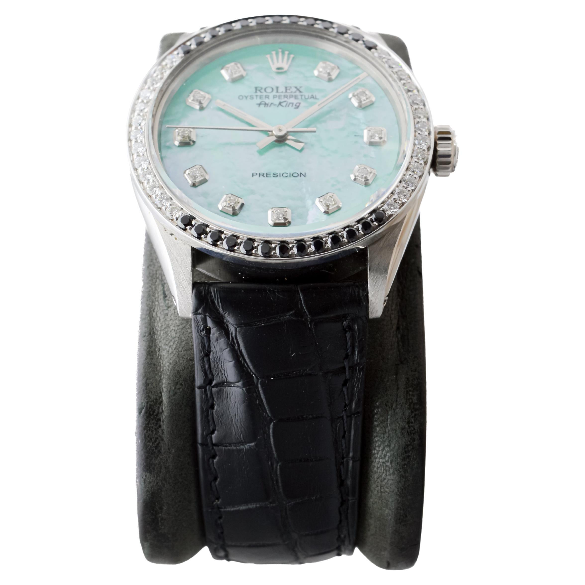 Rolex Steel Air King avec cadran MOP personnalisé et lunette à diamants circa 1980's Excellent état - En vente à Long Beach, CA