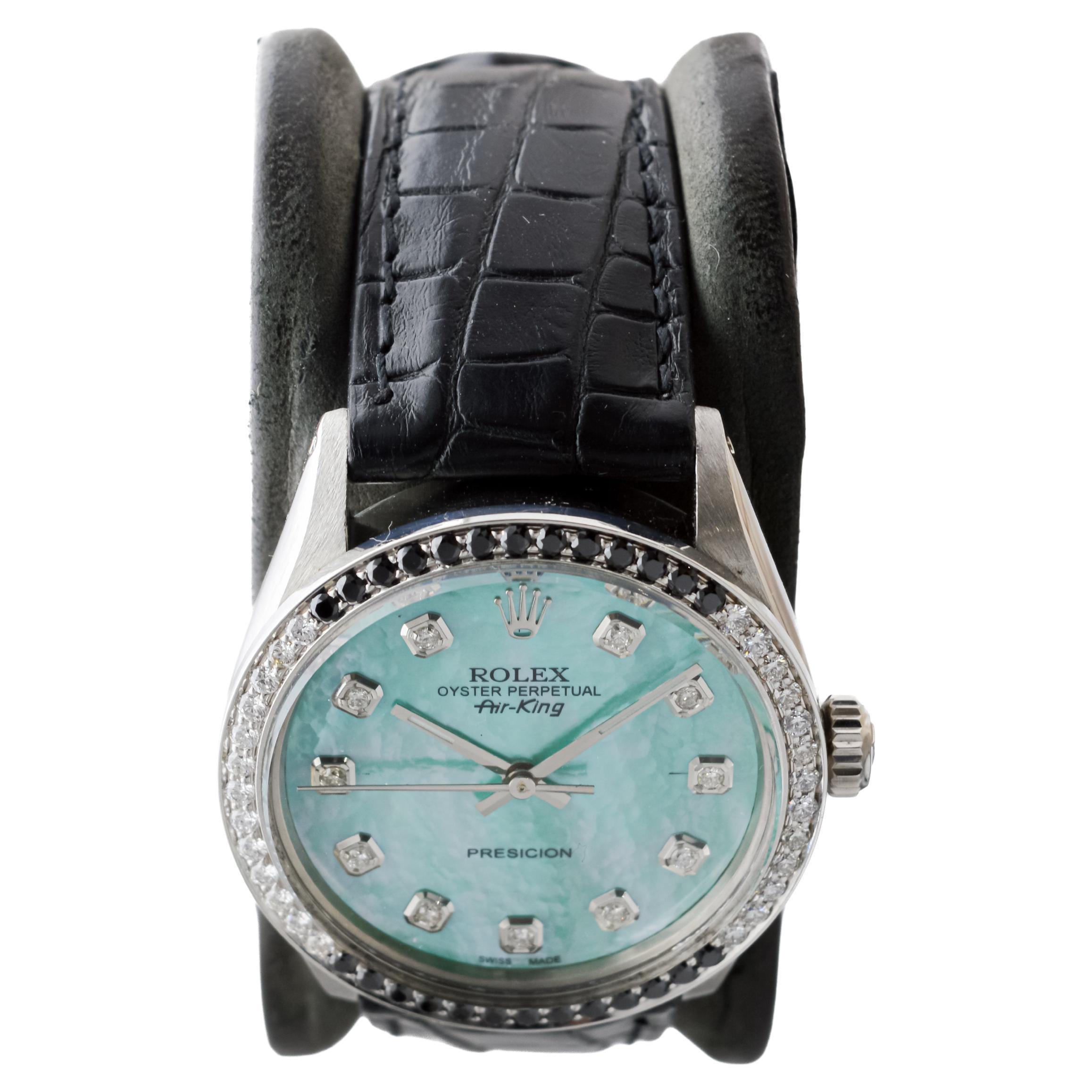 Rolex Steel Air King avec cadran MOP personnalisé et lunette à diamants circa 1980's Unisexe en vente