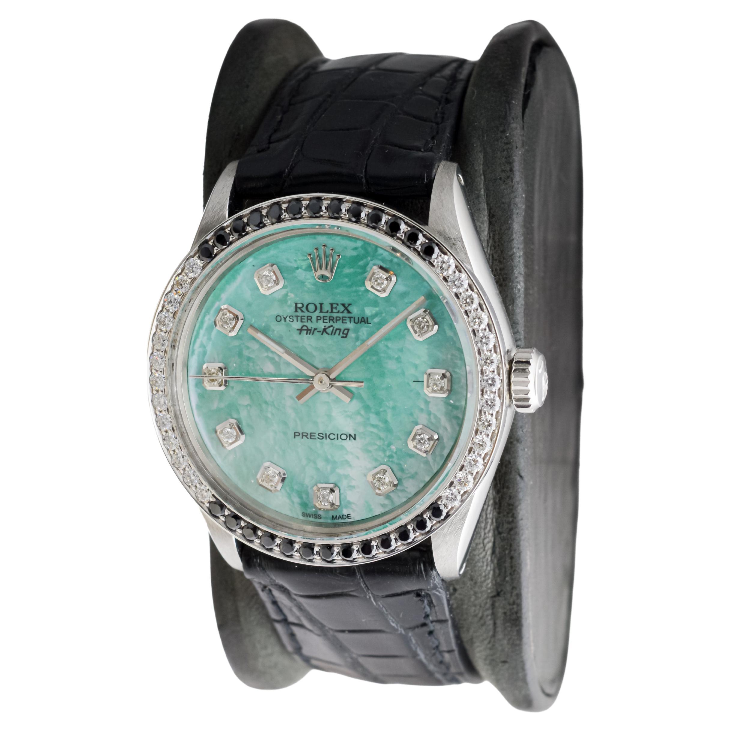 Rolex Steel Air King avec cadran MOP personnalisé et lunette à diamants circa 1980's en vente 2