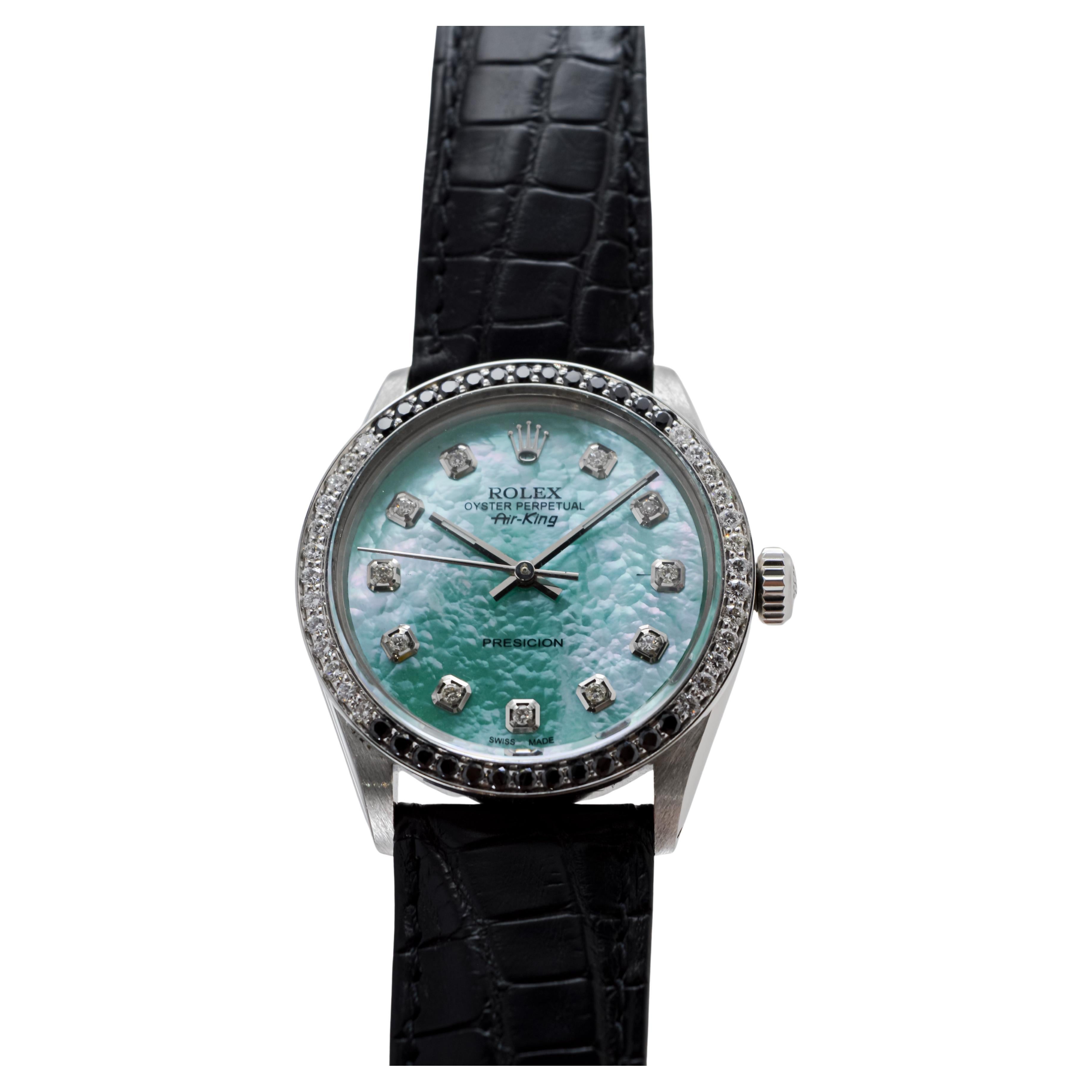 Rolex Steel Air King avec cadran MOP personnalisé et lunette à diamants circa 1980's en vente 4