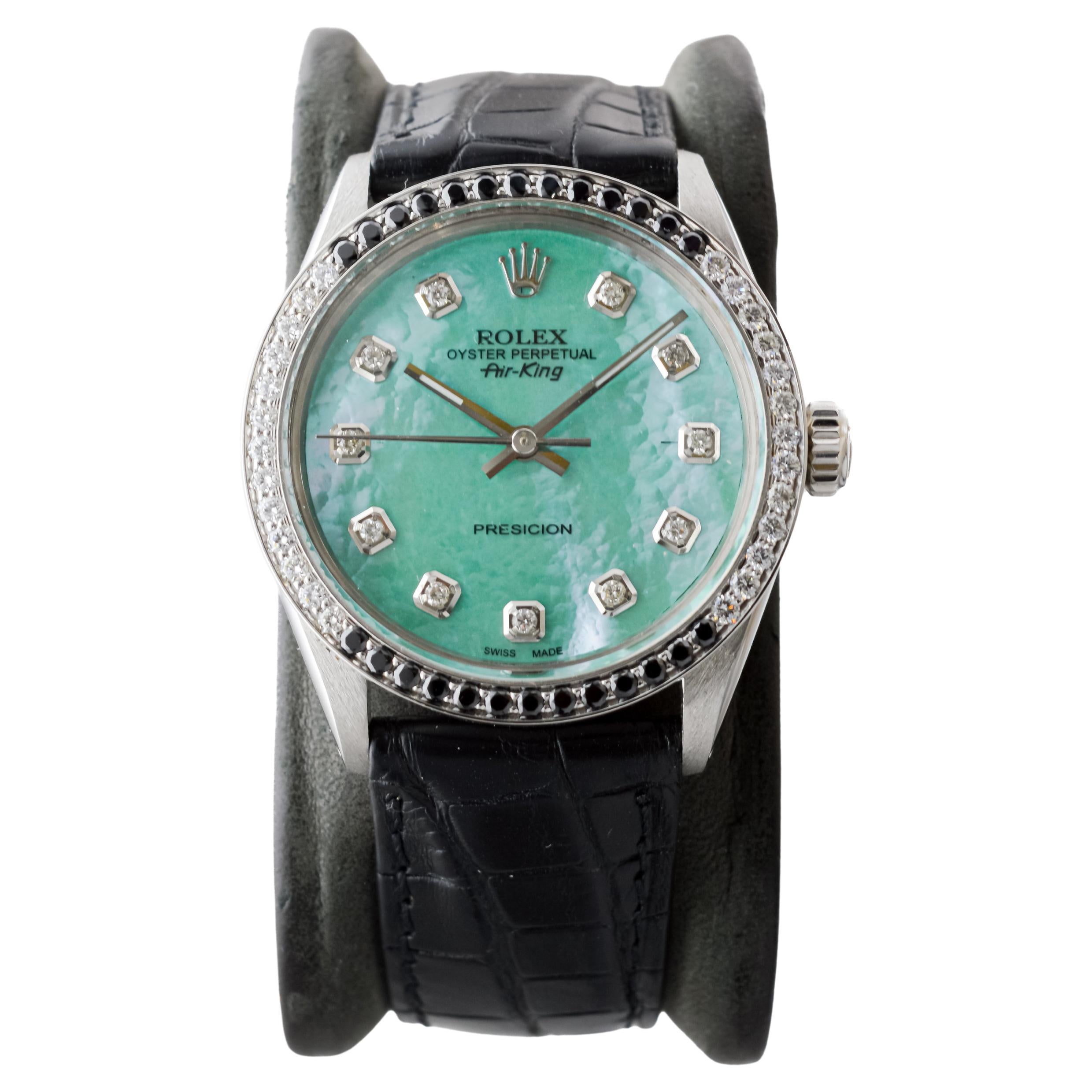 Rolex Steel Air King avec cadran MOP personnalisé et lunette à diamants circa 1980's en vente