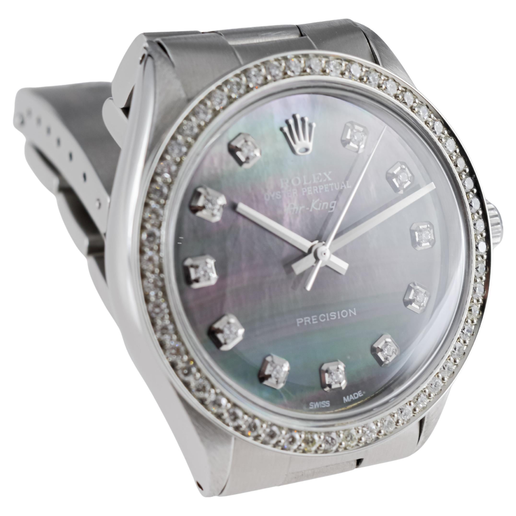 Rolex Steel Air King with Custom MOP Dial And Diamond Bezel circa 1970's For Sale 5