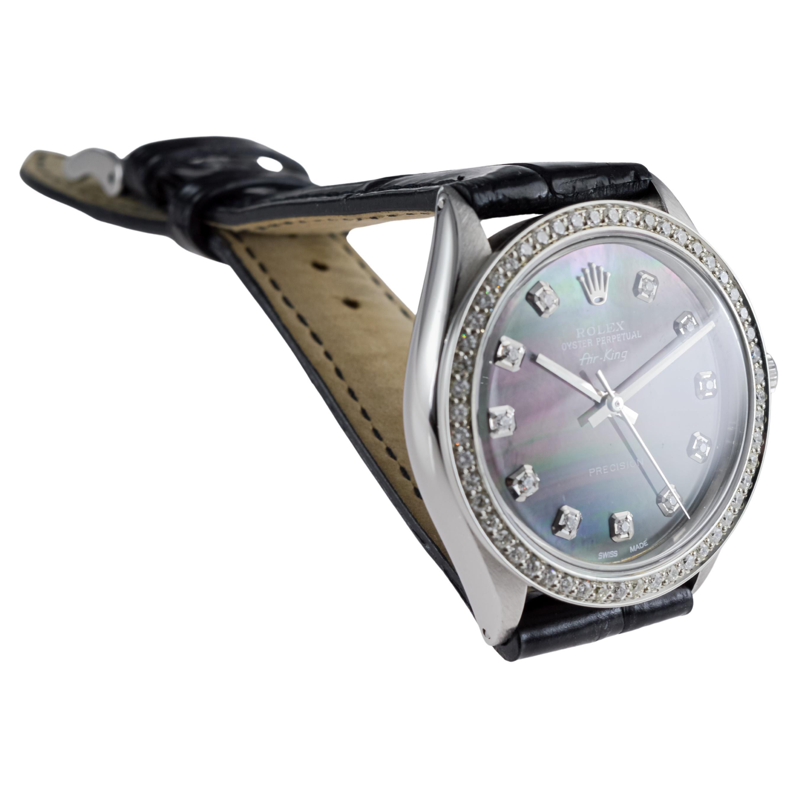 Rolex Steel Air King with Custom MOP Dial And Diamond Bezel circa 1970's For Sale 6