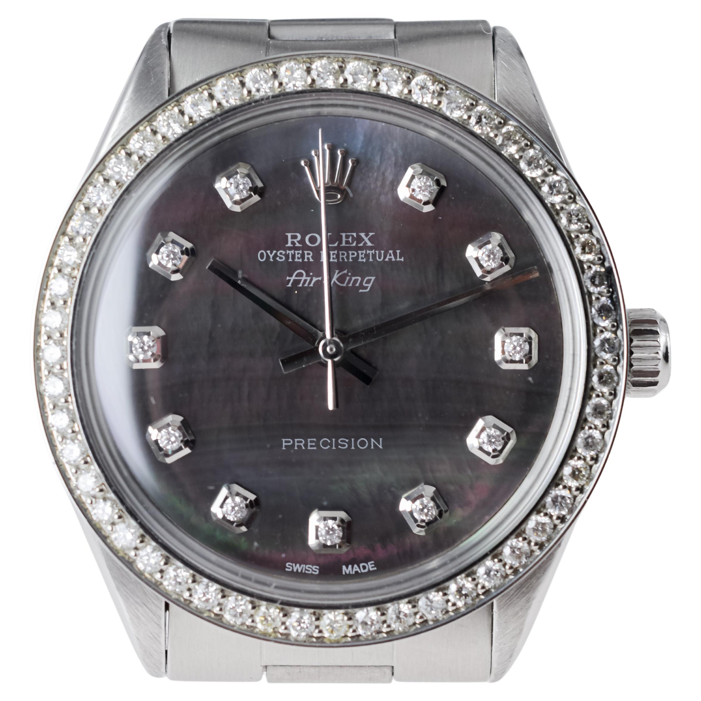Rolex Steel Air King with Custom MOP Dial And Diamond Bezel circa 1970's For Sale 6