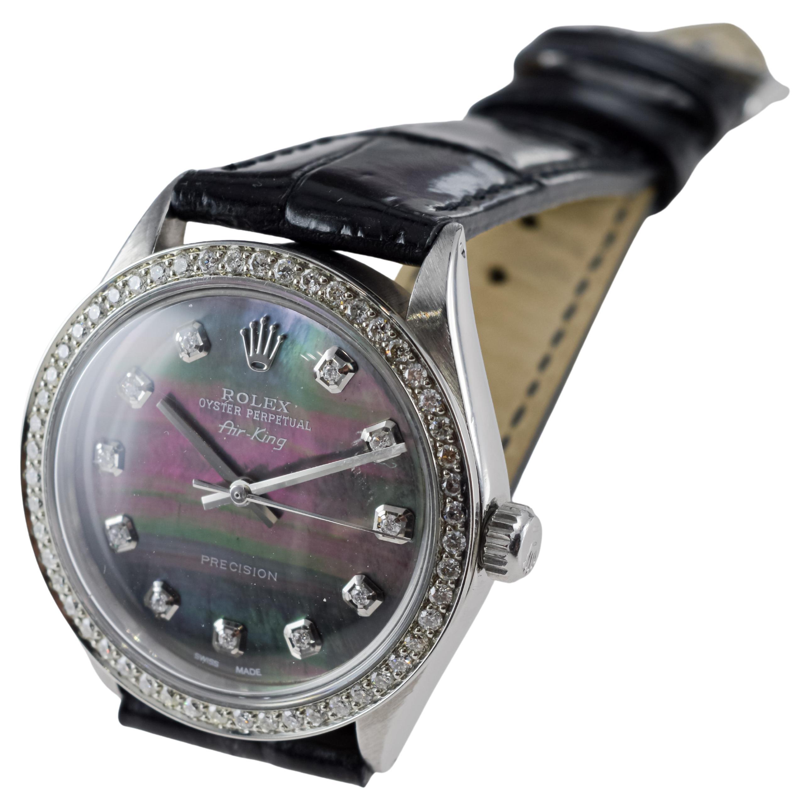 Rolex Steel Air King with Custom MOP Dial And Diamond Bezel circa 1970's For Sale 8