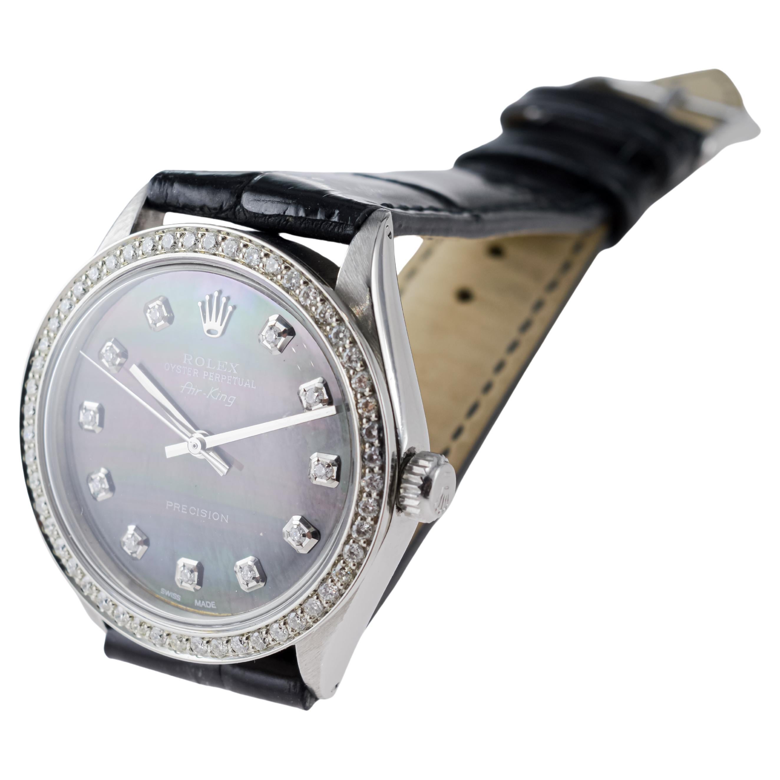 Rolex Steel Air King with Custom MOP Dial And Diamond Bezel circa 1970's For Sale 9