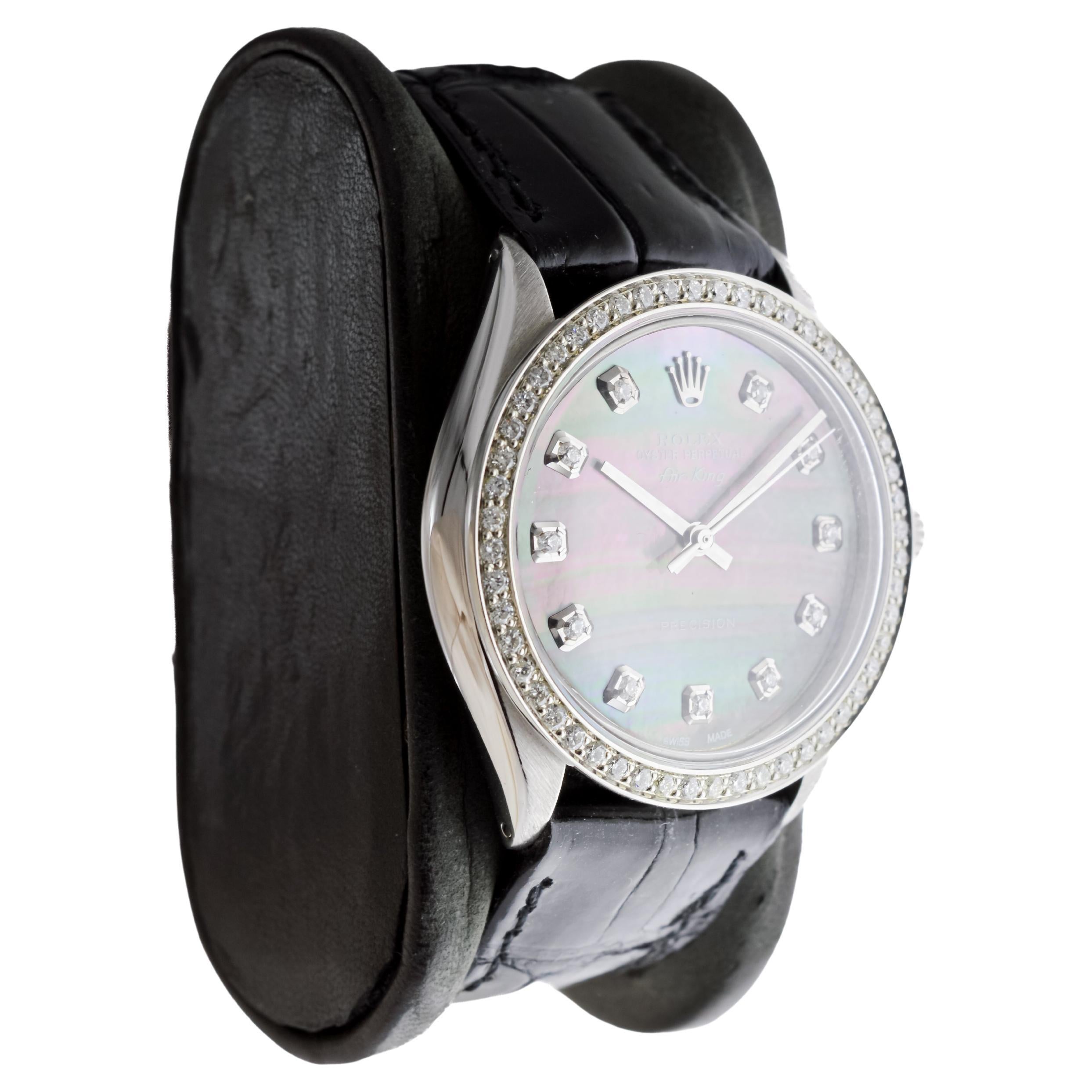 FACTORY / HOUSE: Rolex Watch Company
STYLE / REFERENCE: Air King / Reference 5500-1002
METAL / MATERIAL: Stainless Steel
CIRCA / YEAR: 1970's
DIMENSIONS / SIZE: Length 39mm X Diameter 35mm
MOVEMENT / CALIBER: Perpetual Winding / 26 Jewels / Caliber