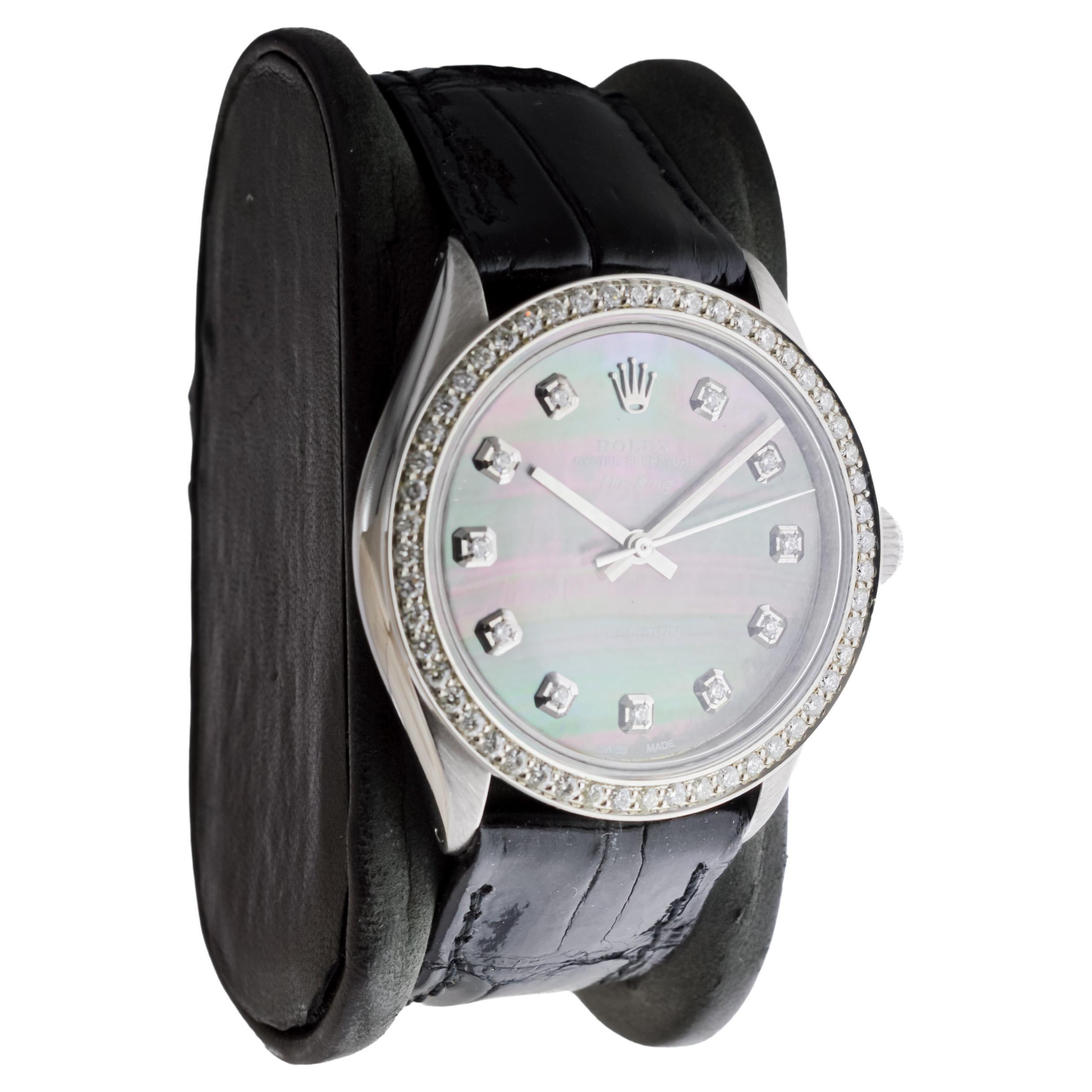 Modern Rolex Steel Air King with Custom MOP Dial And Diamond Bezel circa 1970's For Sale