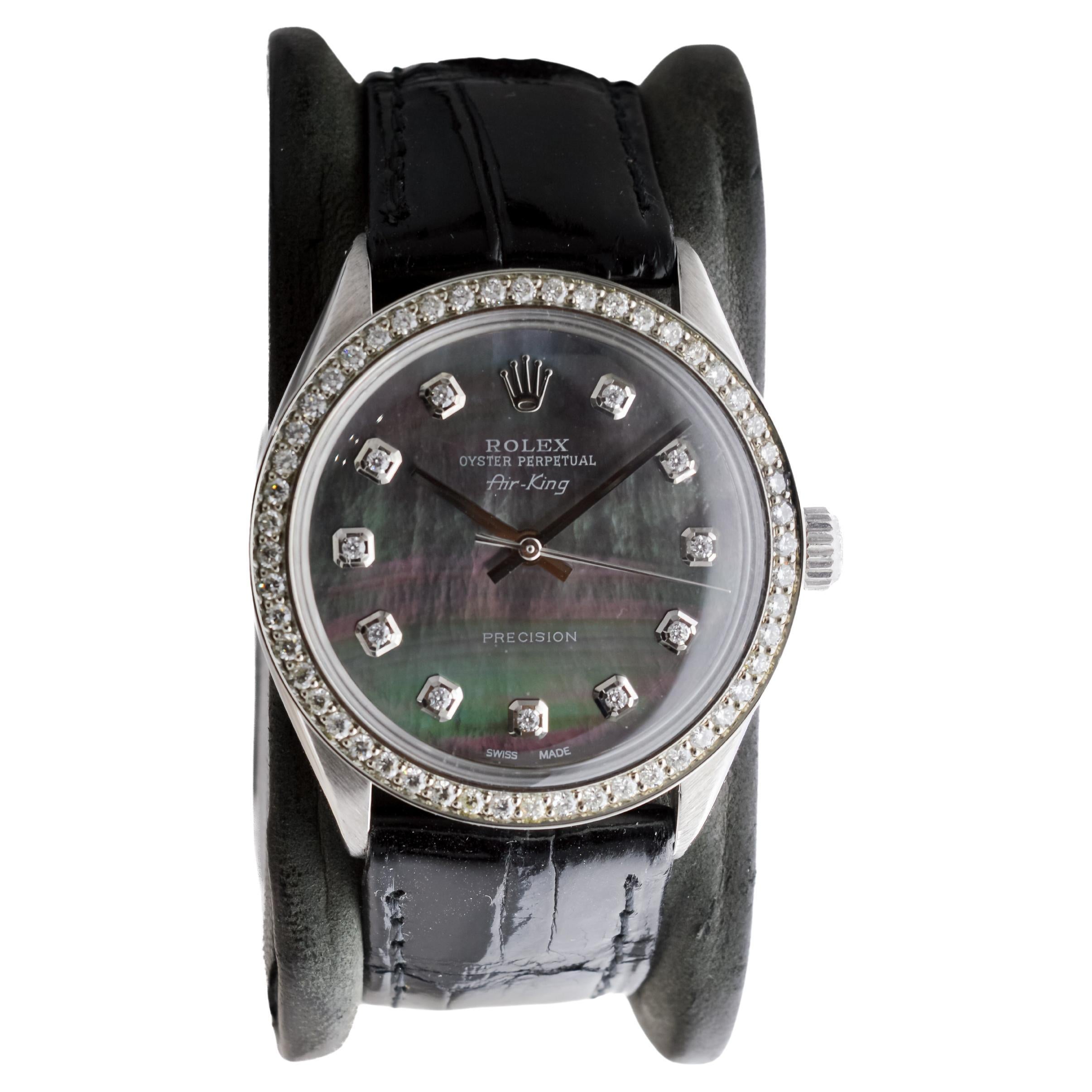 Rolex Steel Air King with Custom MOP Dial And Diamond Bezel circa 1970's In Excellent Condition For Sale In Long Beach, CA