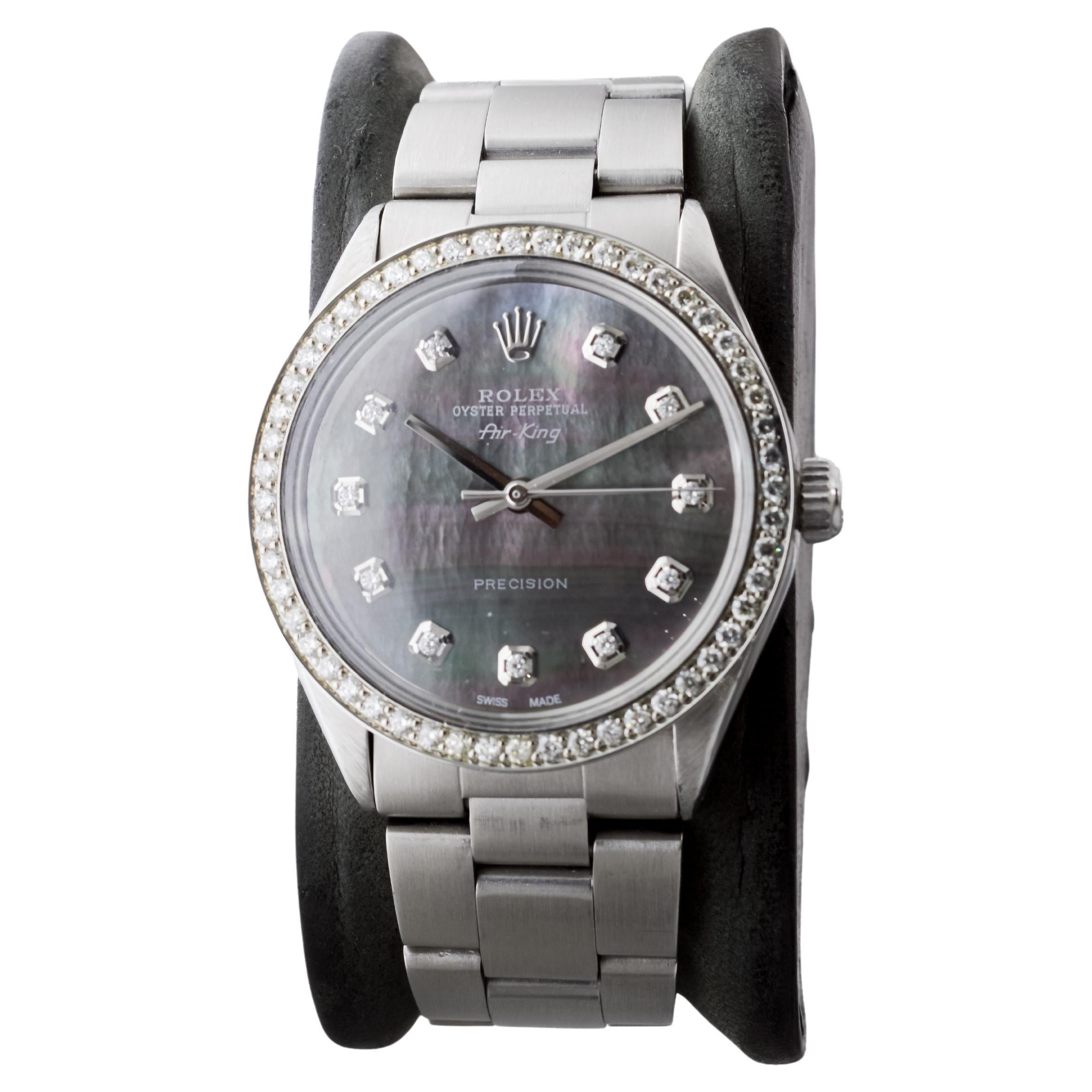 Rolex Steel Air King with Custom MOP Dial And Diamond Bezel circa 1970's In Excellent Condition For Sale In Long Beach, CA