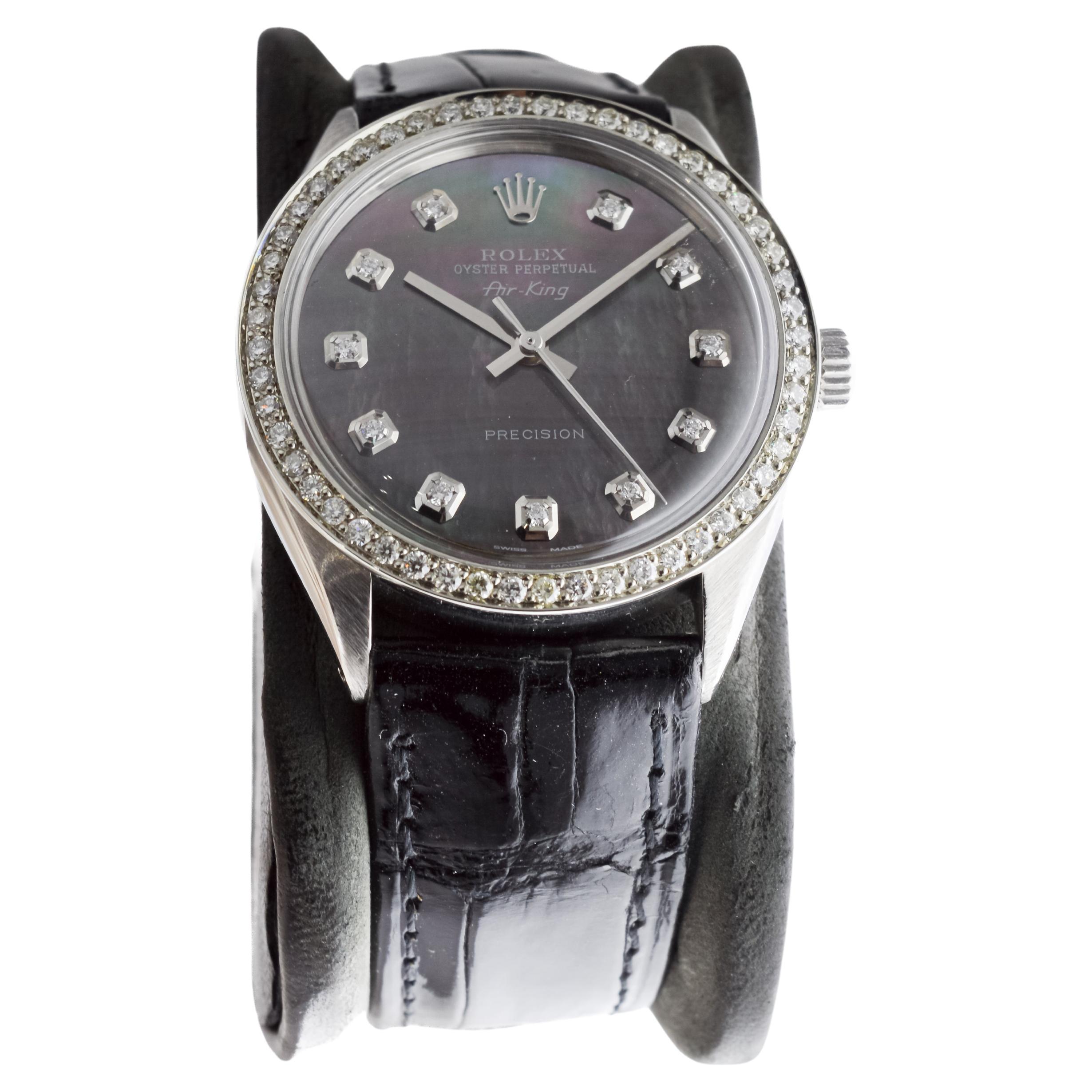 Women's or Men's Rolex Steel Air King with Custom MOP Dial And Diamond Bezel circa 1970's For Sale