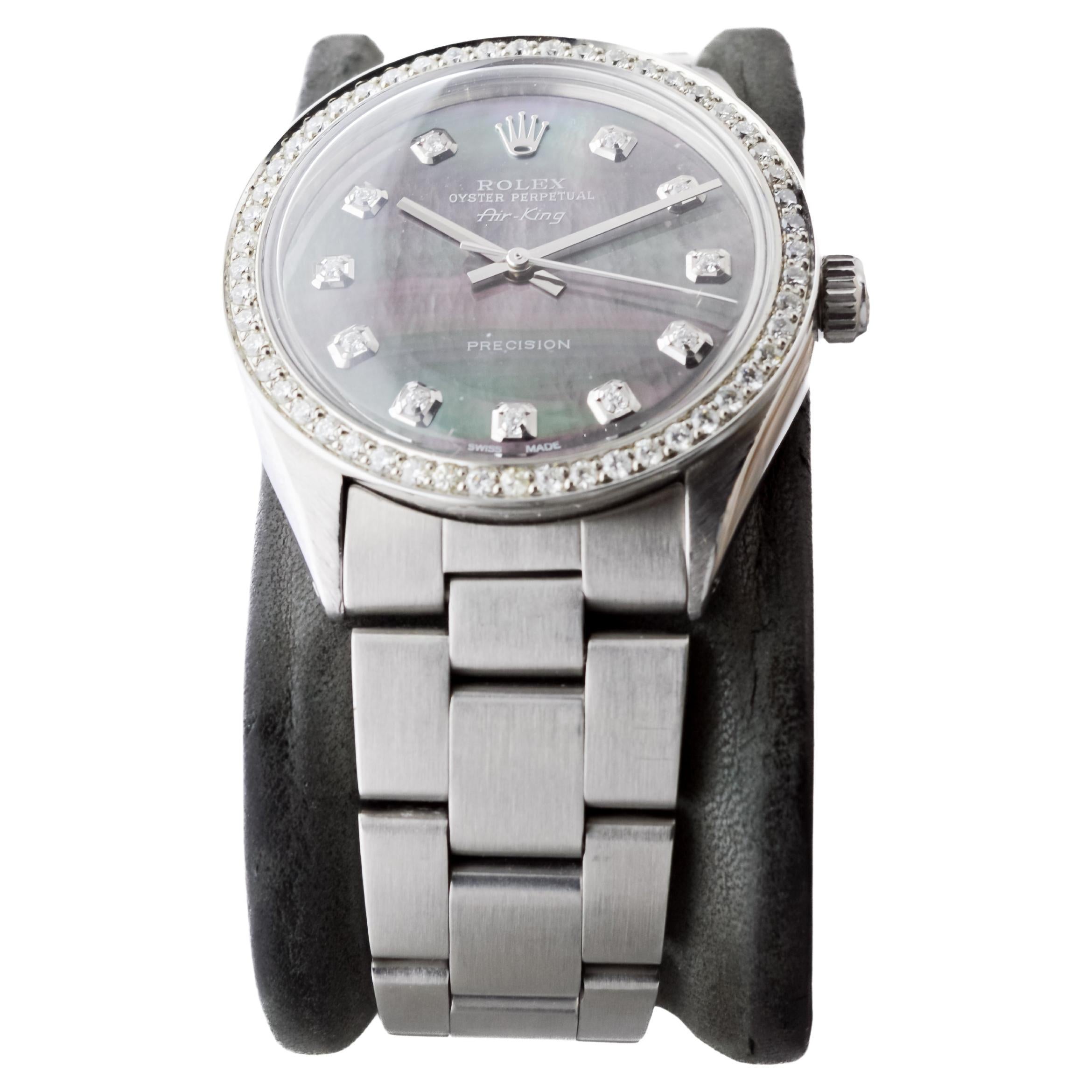 Women's or Men's Rolex Steel Air King with Custom MOP Dial And Diamond Bezel circa 1970's For Sale