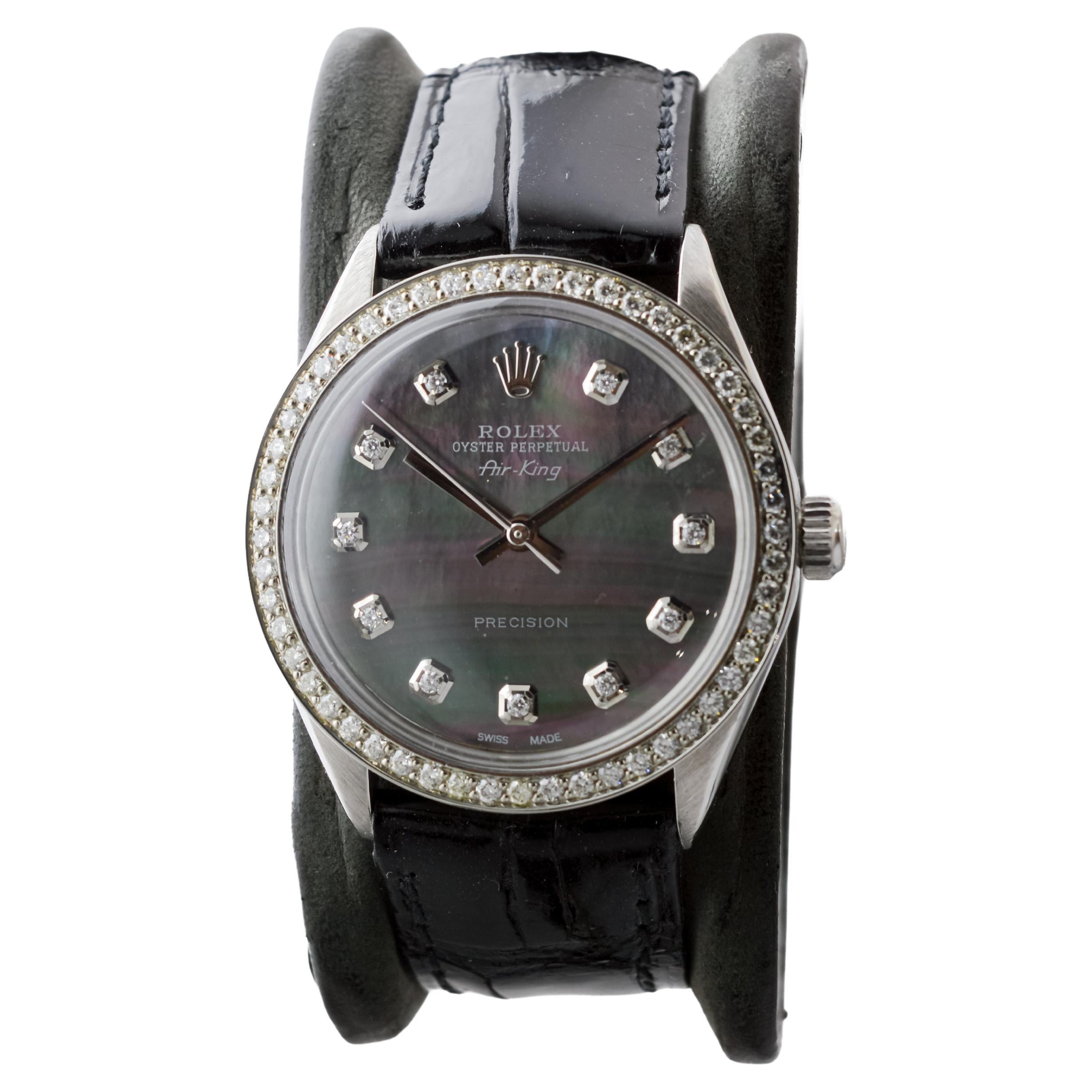 Rolex Steel Air King with Custom MOP Dial And Diamond Bezel circa 1970's For Sale 1