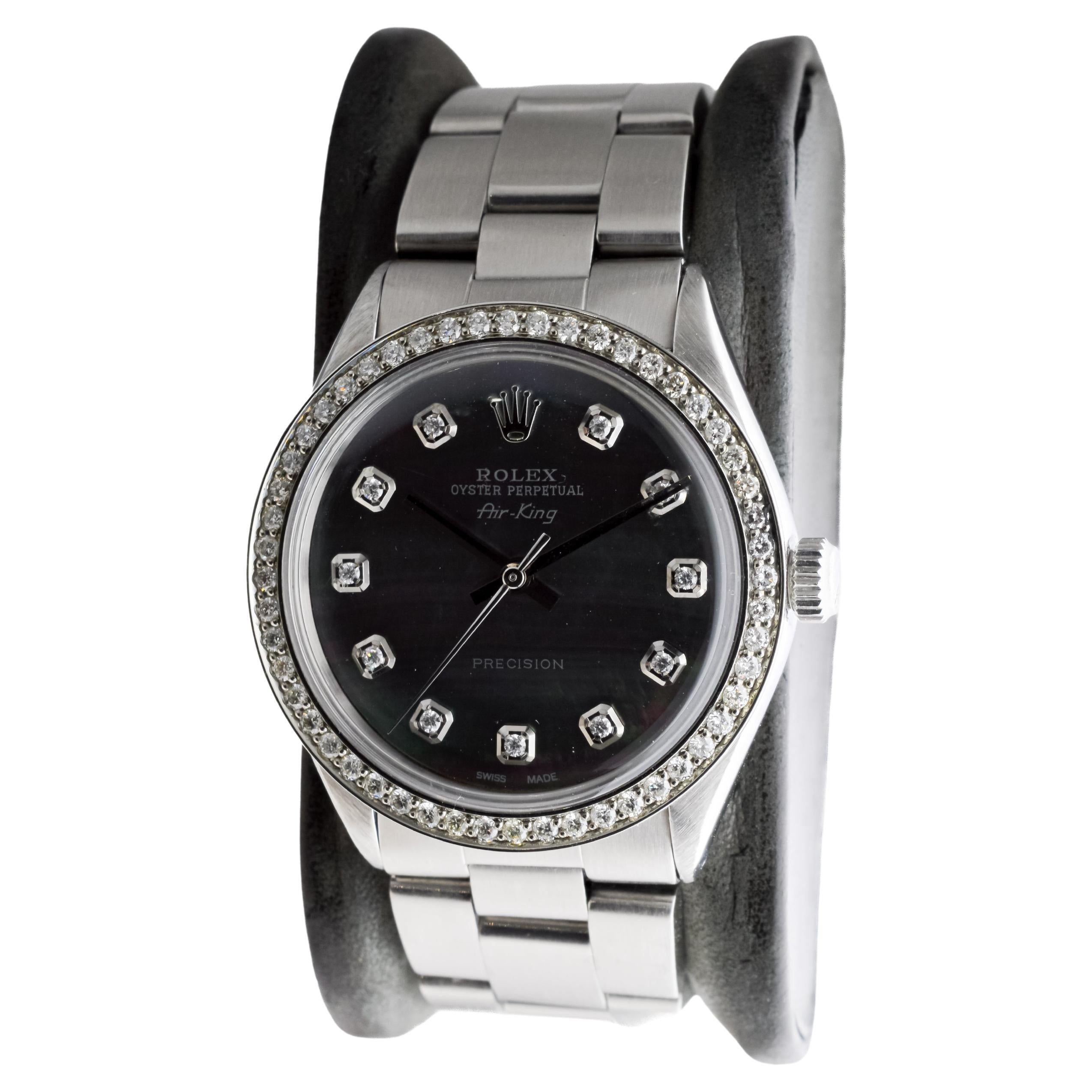 Rolex Steel Air King with Custom MOP Dial And Diamond Bezel circa 1970's For Sale 1