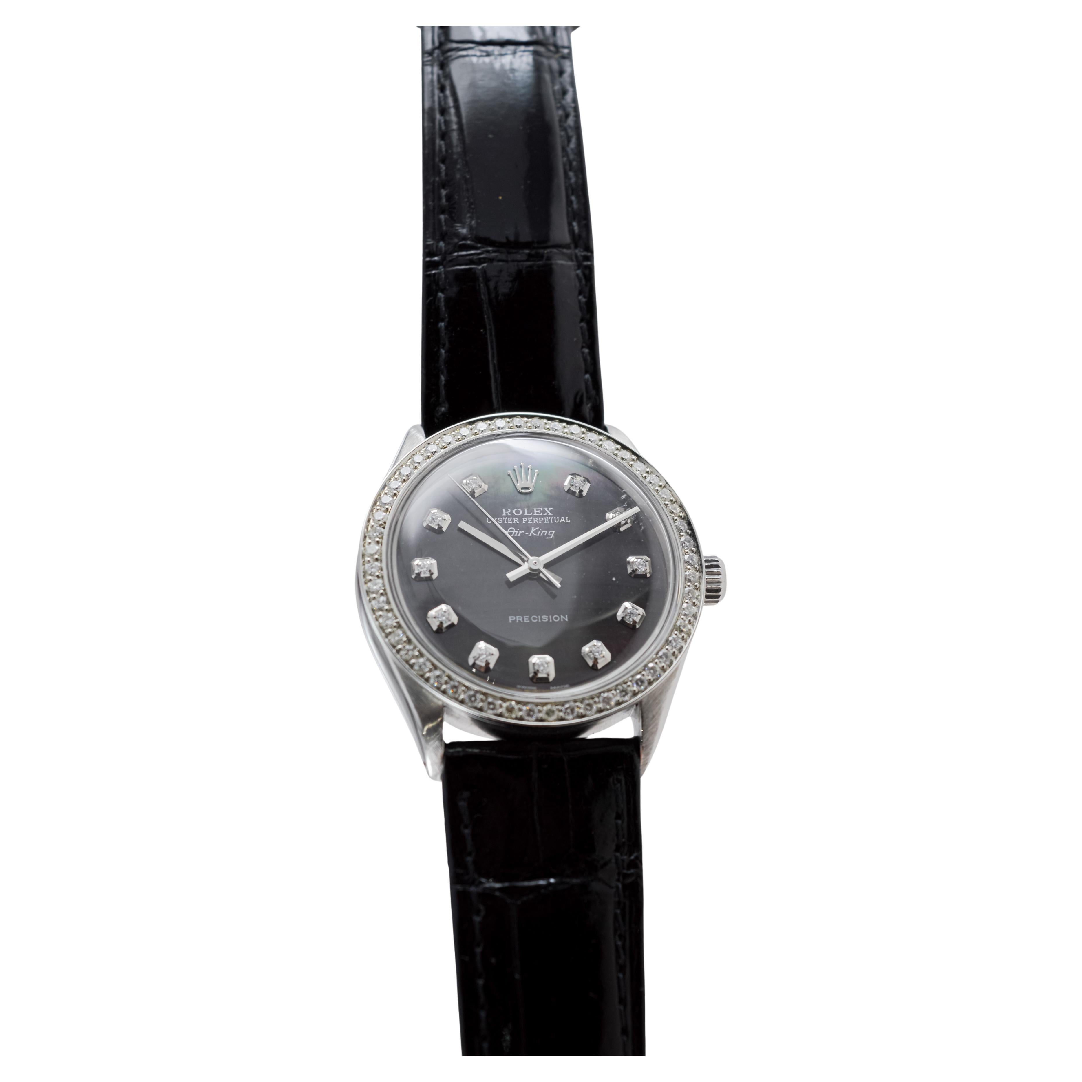 Rolex Steel Air King with Custom MOP Dial And Diamond Bezel circa 1970's For Sale 4