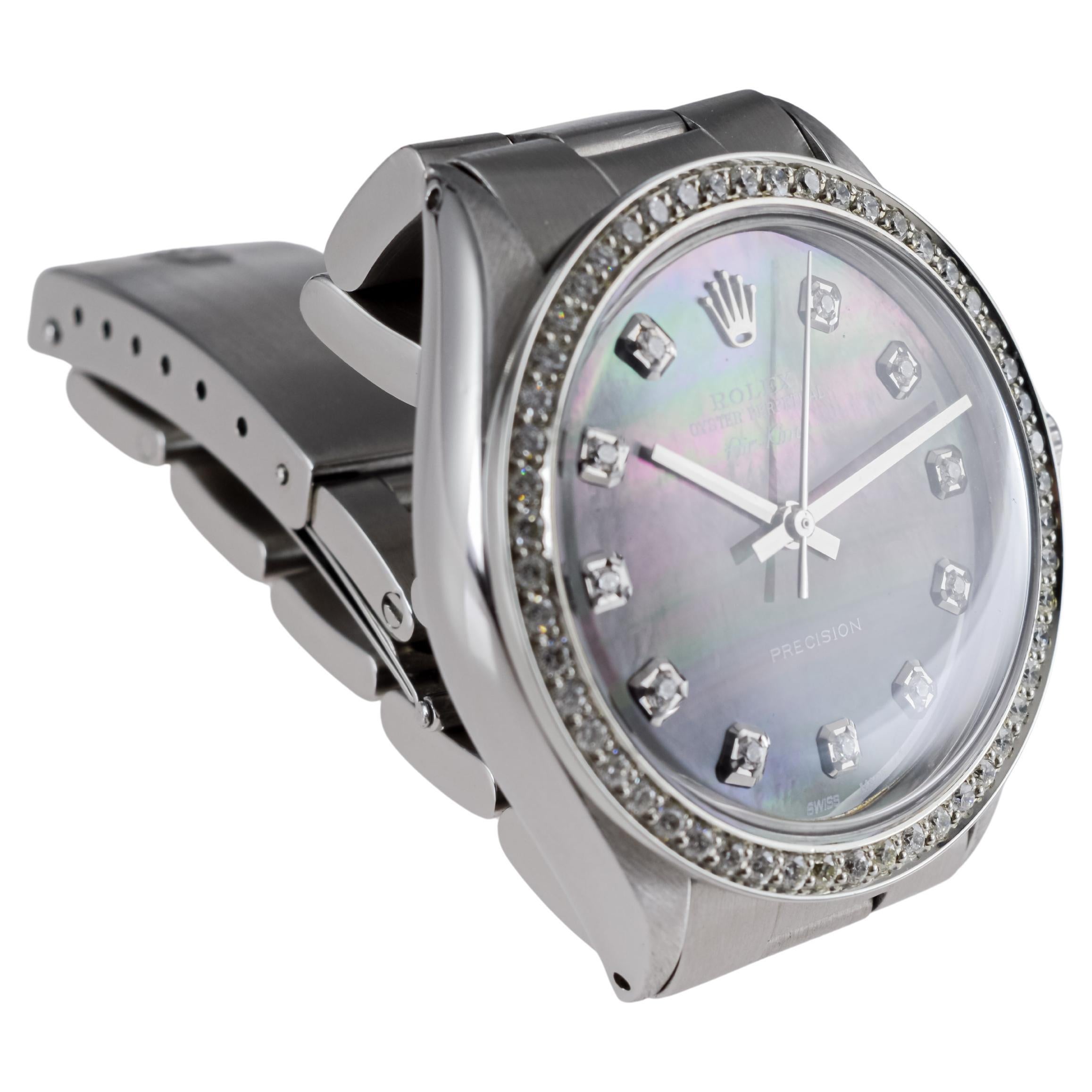 Rolex Steel Air King with Custom MOP Dial And Diamond Bezel circa 1970's For Sale 4