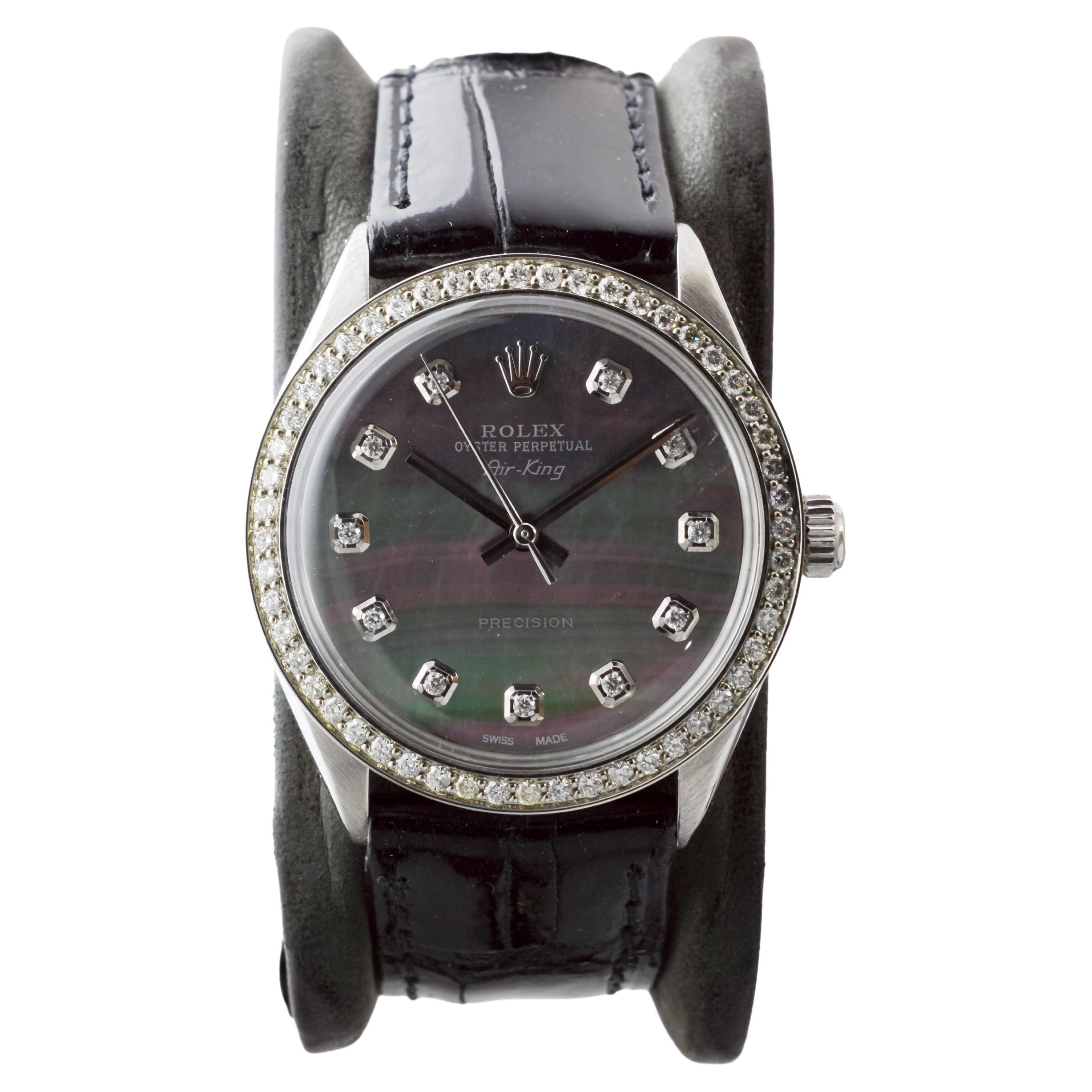 Rolex Steel Air King avec cadran MOP personnalisé et lunette à diamants circa 1970's