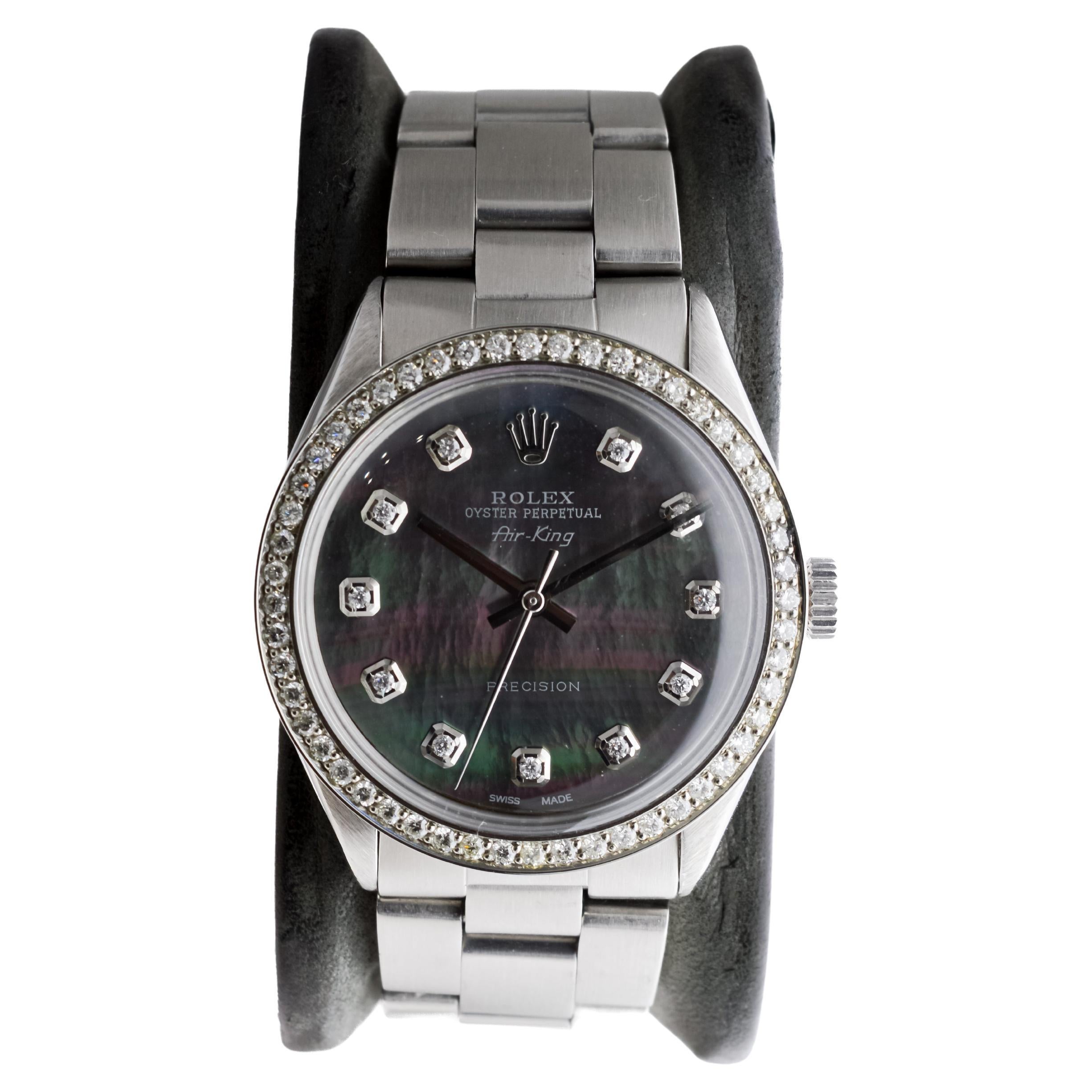Rolex Steel Air King avec cadran MOP personnalisé et lunette à diamants circa 1970's
