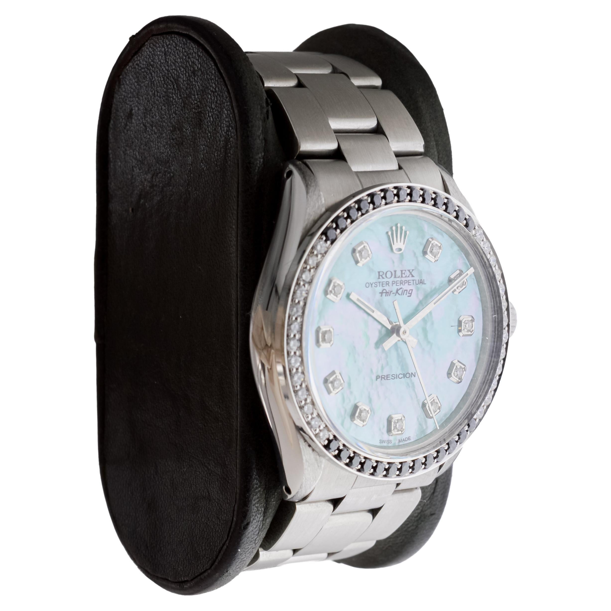 FACTORY / HOUSE: Rolex Watch Company
STYLE / REFERENCE: Air King / Reference 5500/1002
METAL / MATERIAL: Stainless Steel
CIRCA / YEAR: 1980's
DIMENSIONS / SIZE: Length 40mm X Diameter 35mm
MOVEMENT / CALIBER: Perpetual Winding / 26 Jewels / Caliber