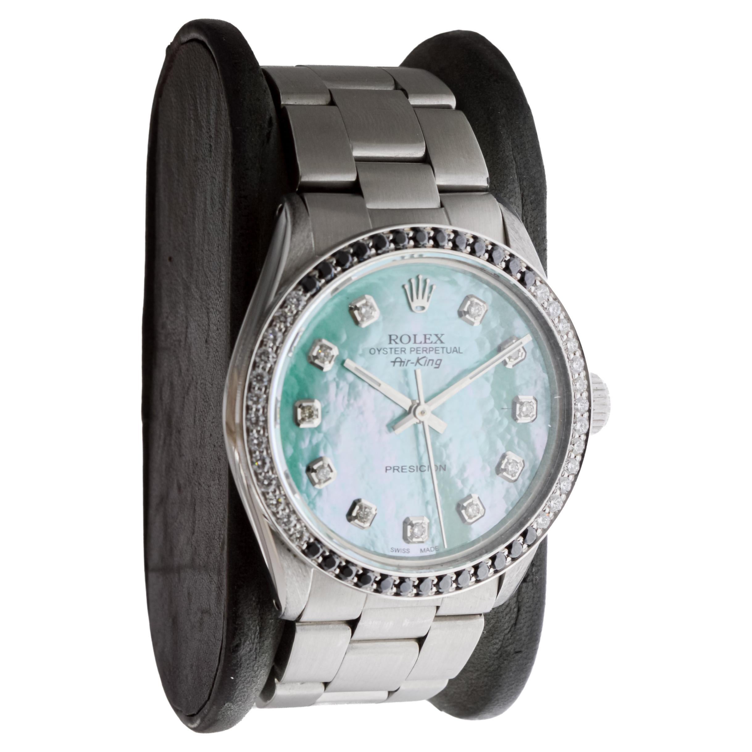 Modern Rolex Steel Air King with Custom MOP Dial And Diamond Bezel circa 1980's For Sale