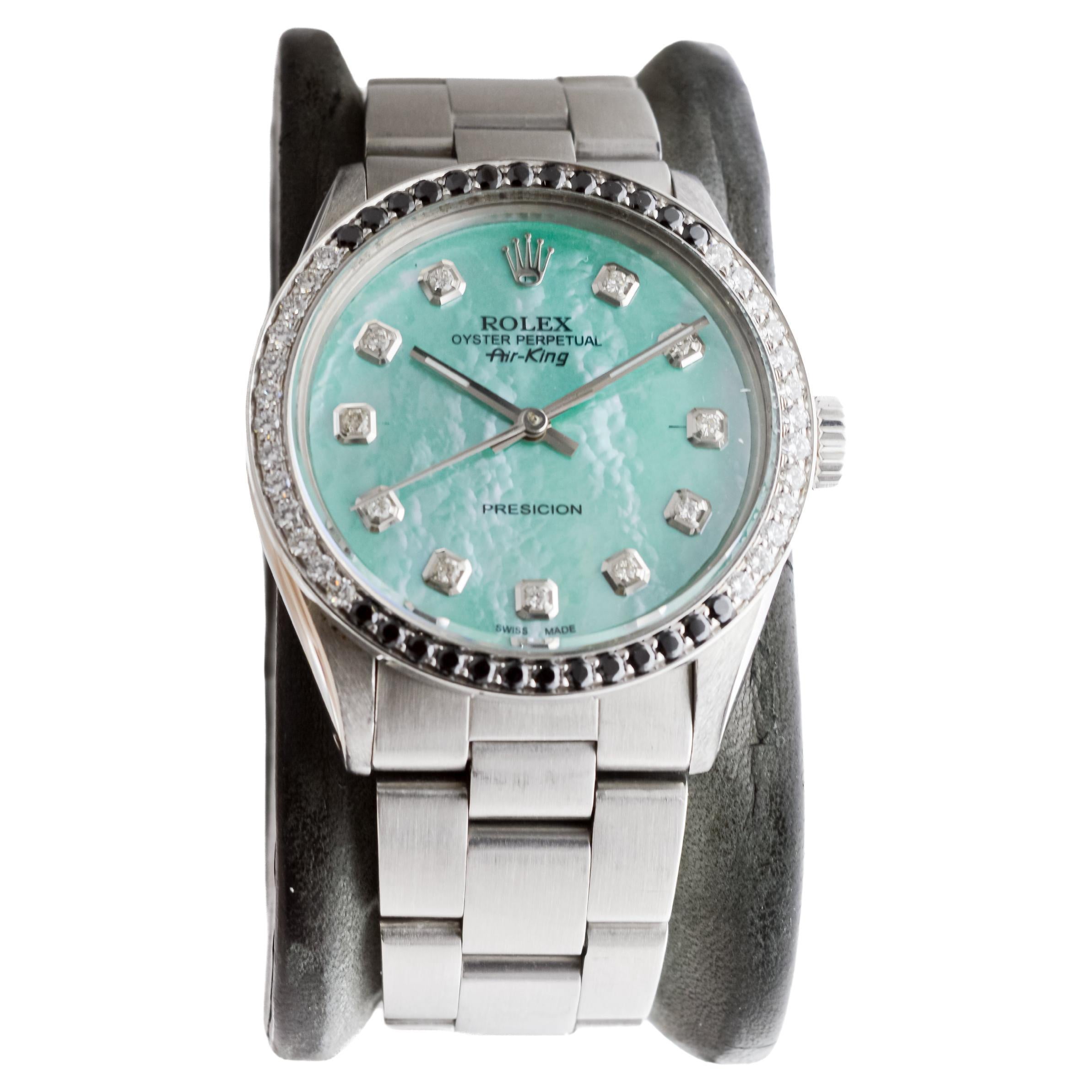 Rolex Steel Air King with Custom MOP Dial And Diamond Bezel circa 1980's In Excellent Condition For Sale In Long Beach, CA